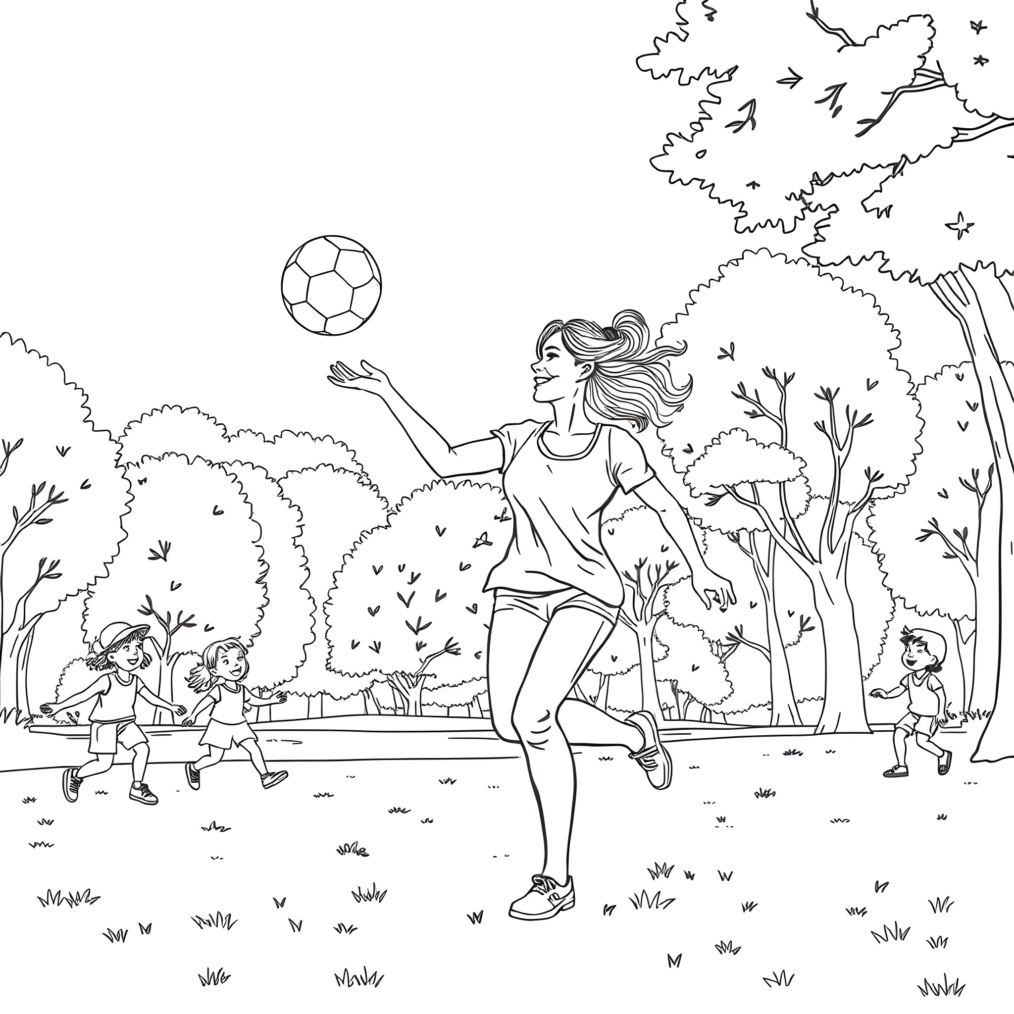 Wife playing soccer joyfully in the park Coloring Page (free black-and-white line drawing printable PDF for all, from beginners to advanced learners, including children, teens, adults, and seniors)