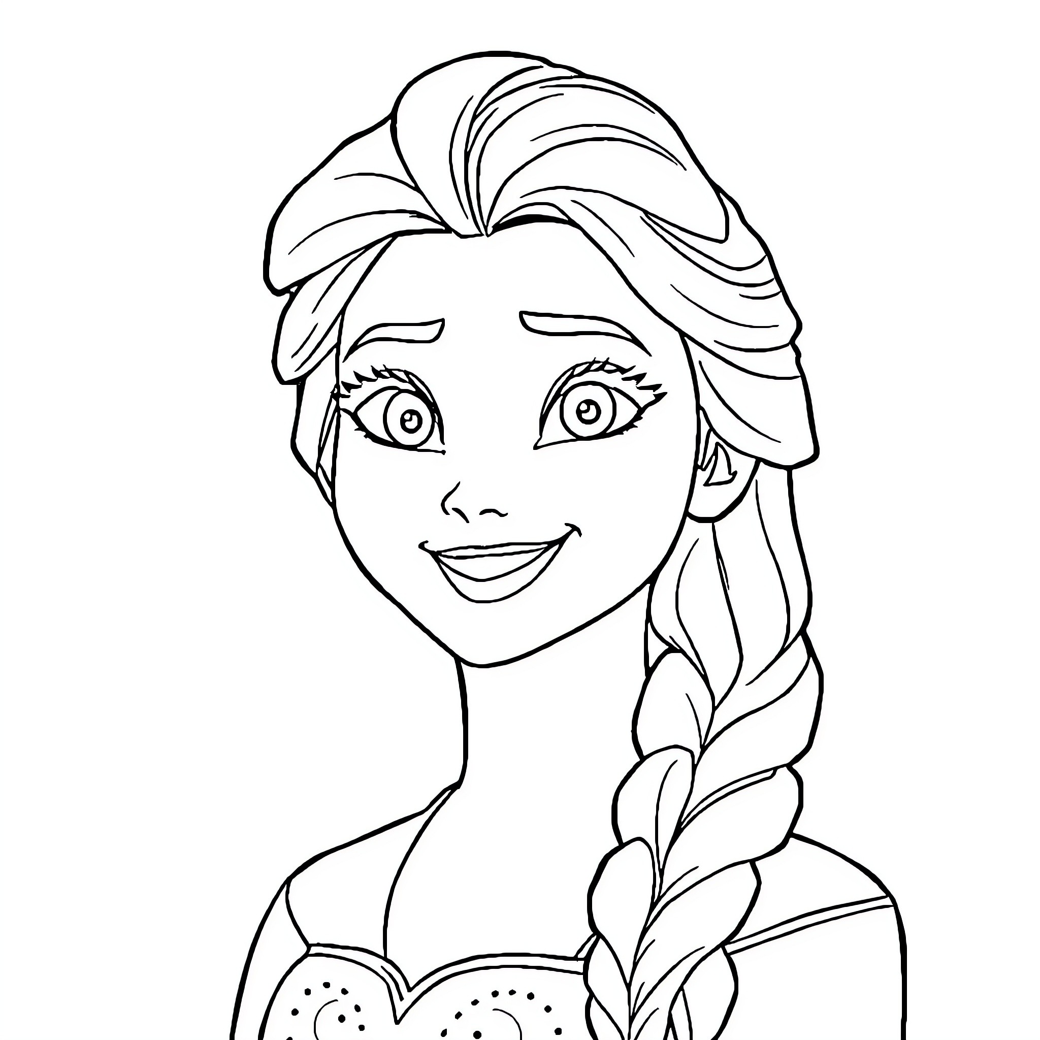 Elsa smiling and facing forward with braided hair Coloring Page (free black-and-white line drawing printable PDF for all, from beginners to advanced learners, including children, teens, adults, and seniors)