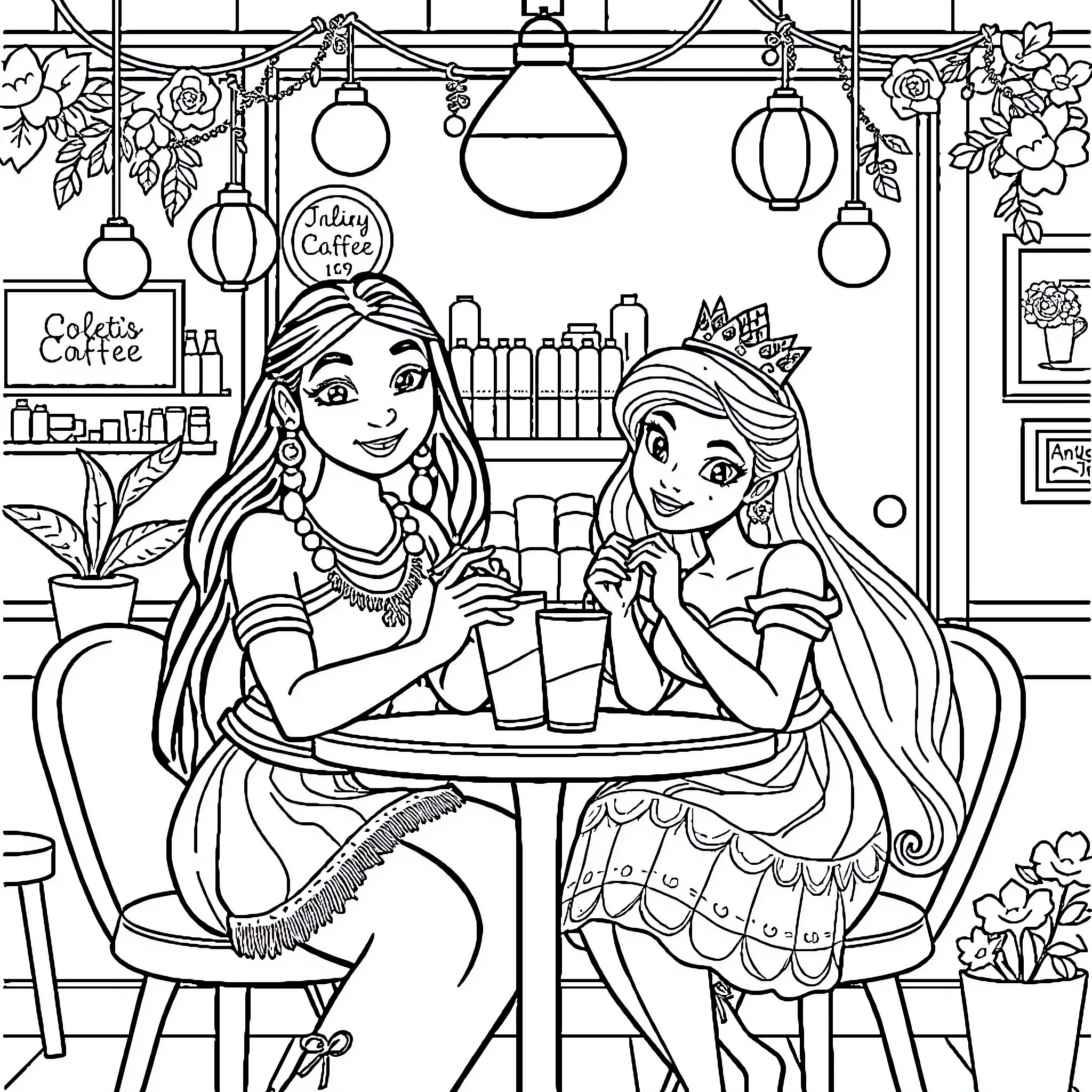 Pocahontas and Merida Enjoying Coffee Together Coloring Page (free black-and-white line drawing printable PDF for all, from beginners to advanced learners, including children, teens, adults, and seniors)