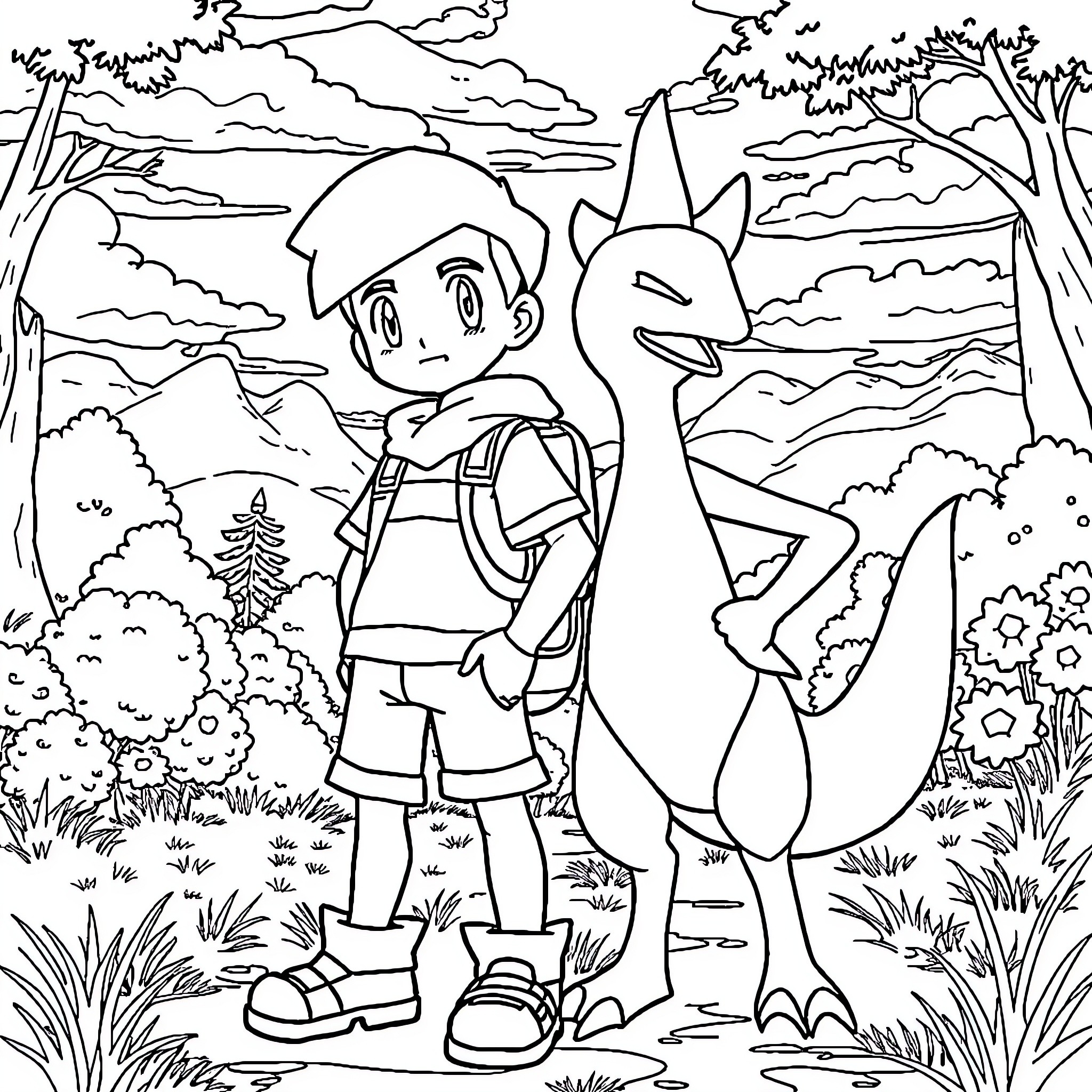 Brendan exploring the wilderness with his dragon companion Coloring Page (free black-and-white line drawing printable PDF for all, from beginners to advanced learners, including children, teens, adults, and seniors)