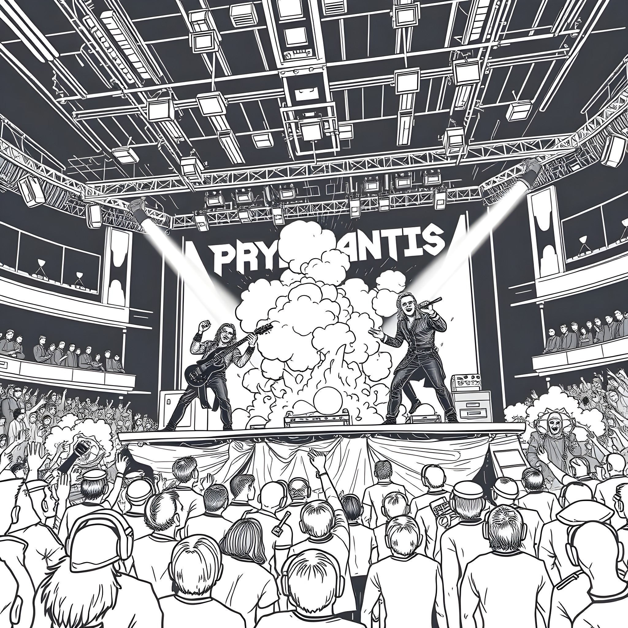 Heavy Metal Band Performing on Stage with Explosive Pyrotechnics Coloring Page (free black-and-white line drawing printable PDF for all, from beginners to advanced learners, including children, teens, adults, and seniors)