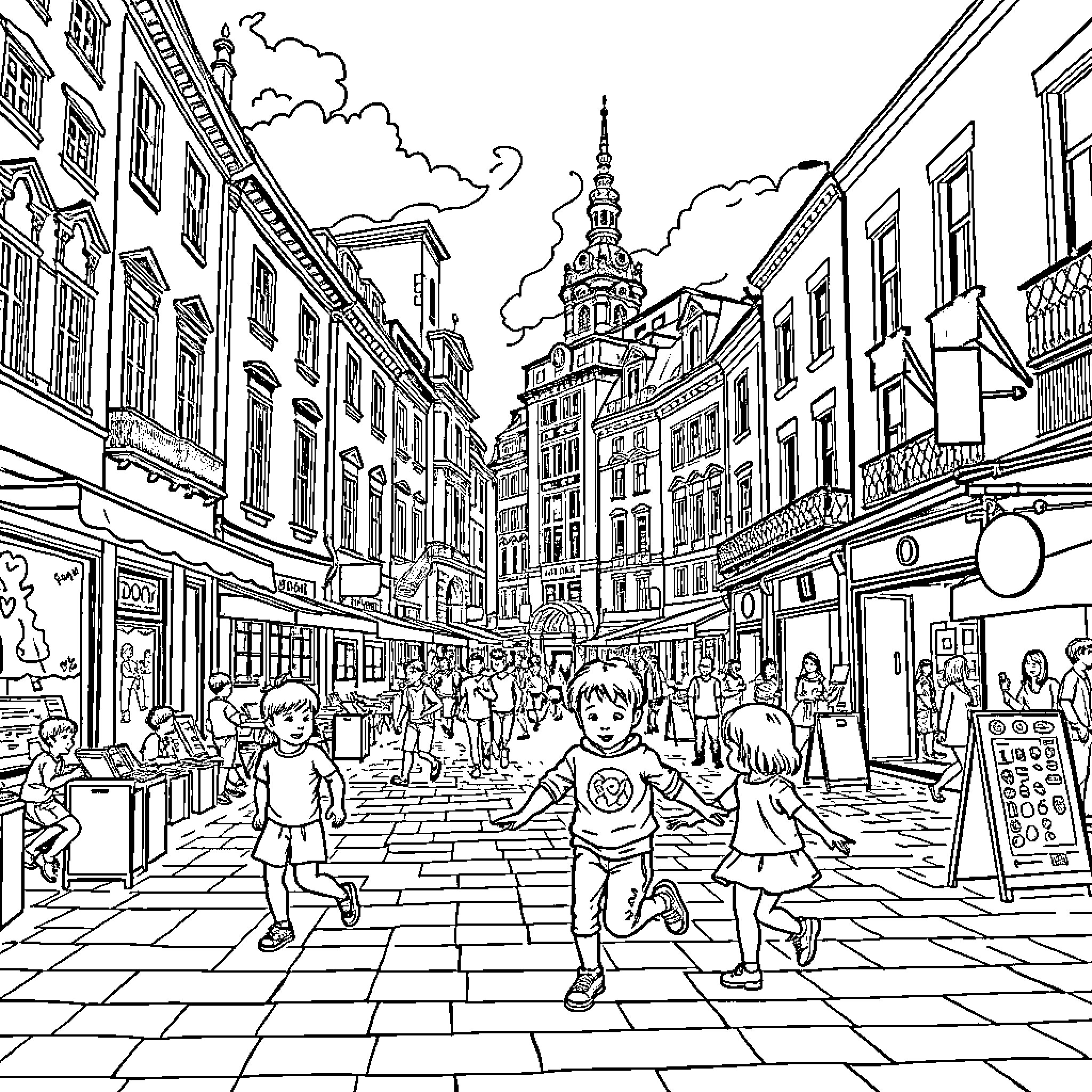 Children exploring the lively city streets Coloring Page (free black-and-white line drawing printable PDF for all, from beginners to advanced learners, including children, teens, adults, and seniors)