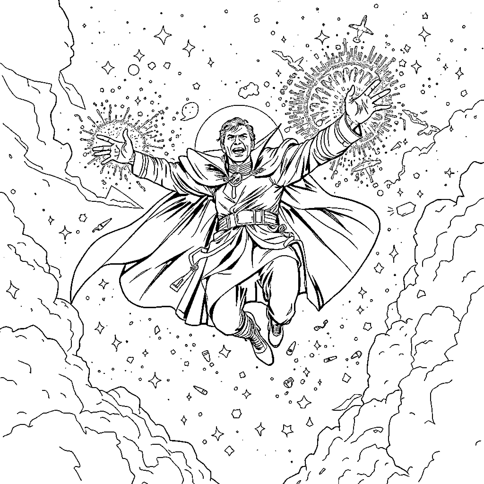 Dr. Strange's Cosmic Energy Manipulation Coloring Page (free black-and-white line drawing printable PDF for all, from beginners to advanced learners, including children, teens, adults, and seniors)
