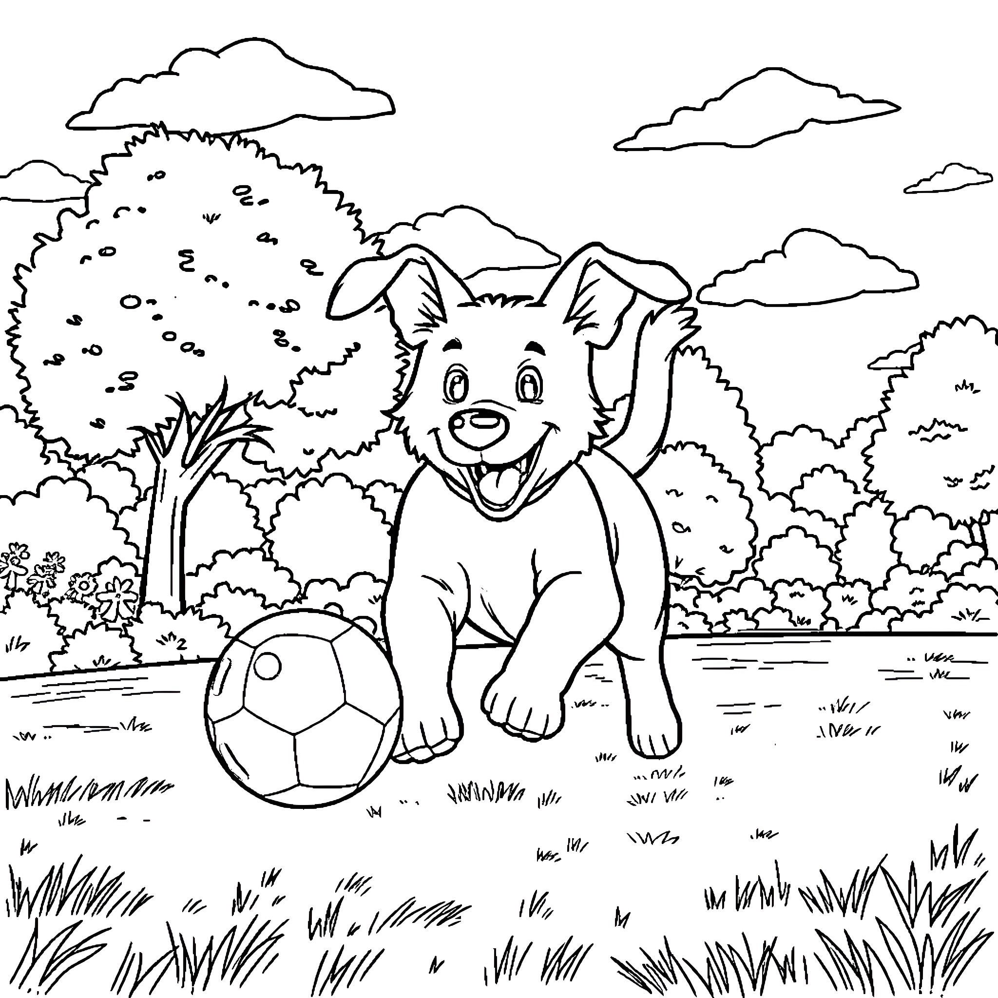 Dog playing happily with a soccer ball in the park Coloring Page (free black-and-white line drawing printable PDF for all, from beginners to advanced learners, including children, teens, adults, and seniors)