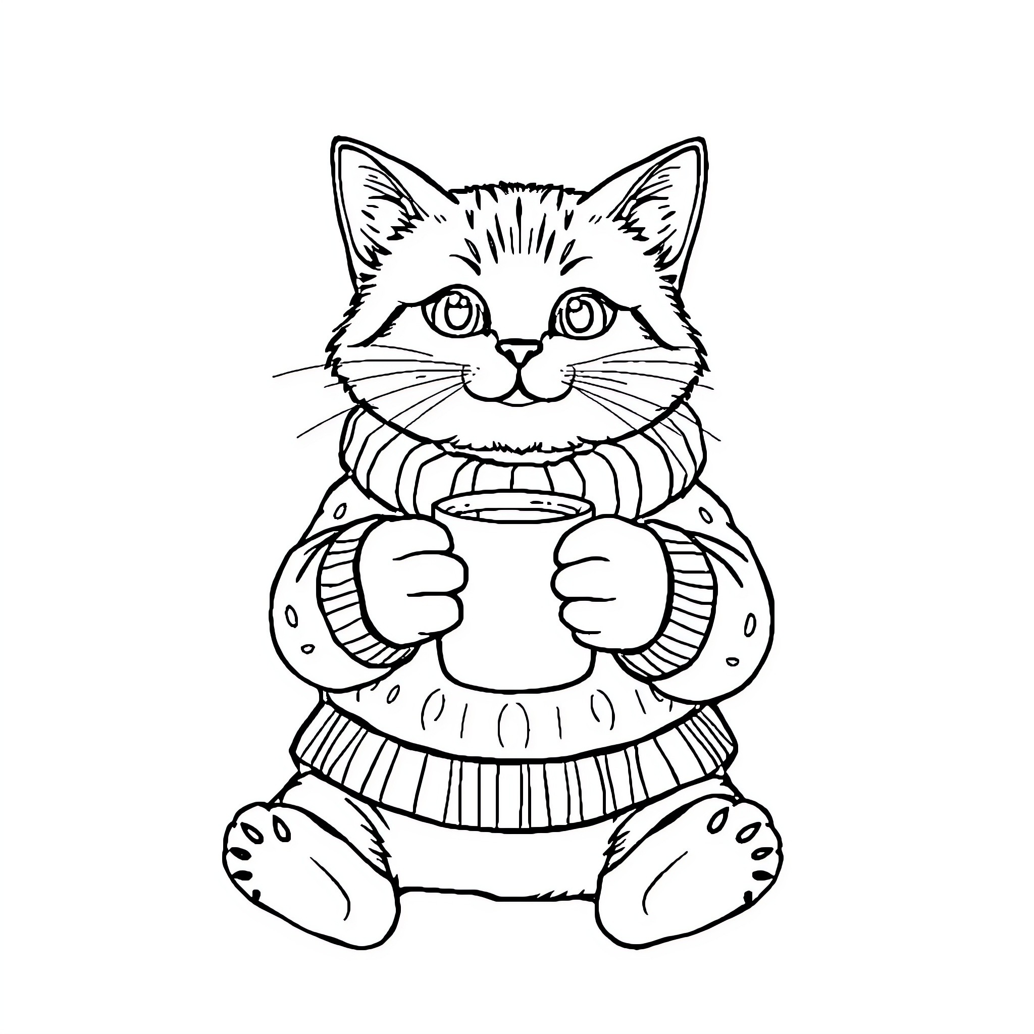 Cat wearing a cozy sweater Coloring Page (free black-and-white line drawing printable PDF for all, from beginners to advanced learners, including children, teens, adults, and seniors)