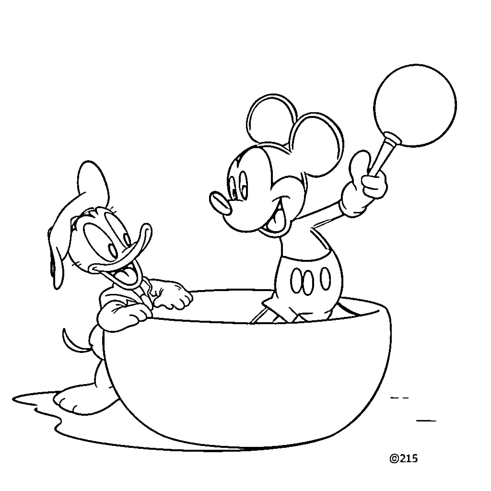 Mickey Mouse playing with Pluto in a bowl Coloring Page (free black-and-white line drawing printable PDF for all, from beginners to advanced learners, including children, teens, adults, and seniors)