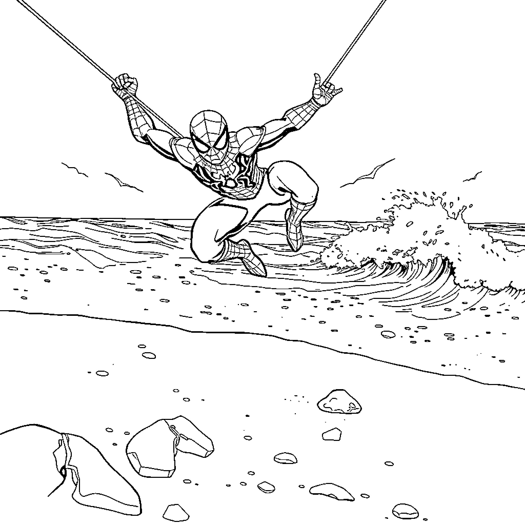 Spiderman swinging through waves on the beach Coloring Page (free black-and-white line drawing printable PDF for all, from beginners to advanced learners, including children, teens, adults, and seniors)