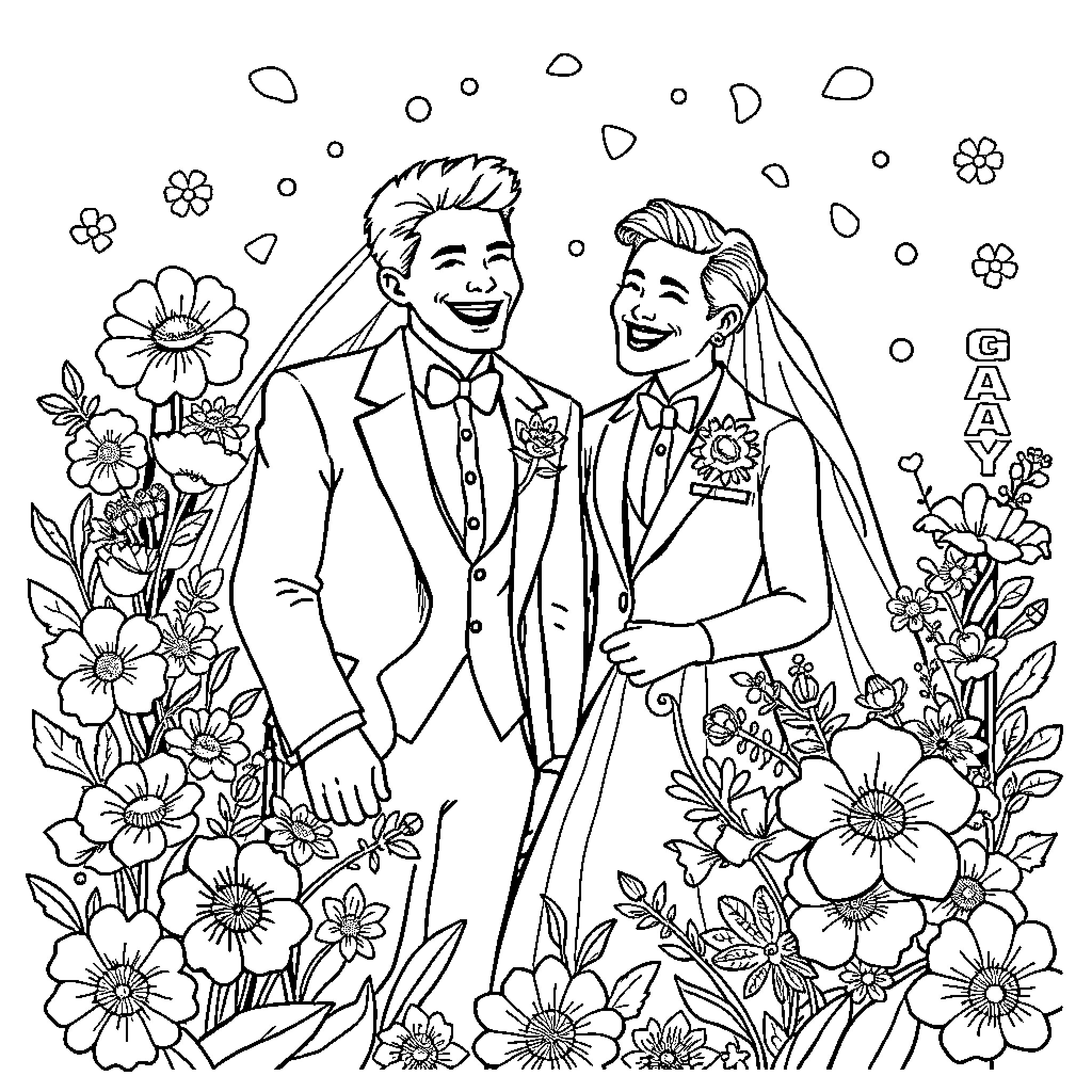 Wedding Ceremony of Two Grooms Surrounded by Flowers Coloring Page (free black-and-white line drawing printable PDF for all, from beginners to advanced learners, including children, teens, adults, and seniors)