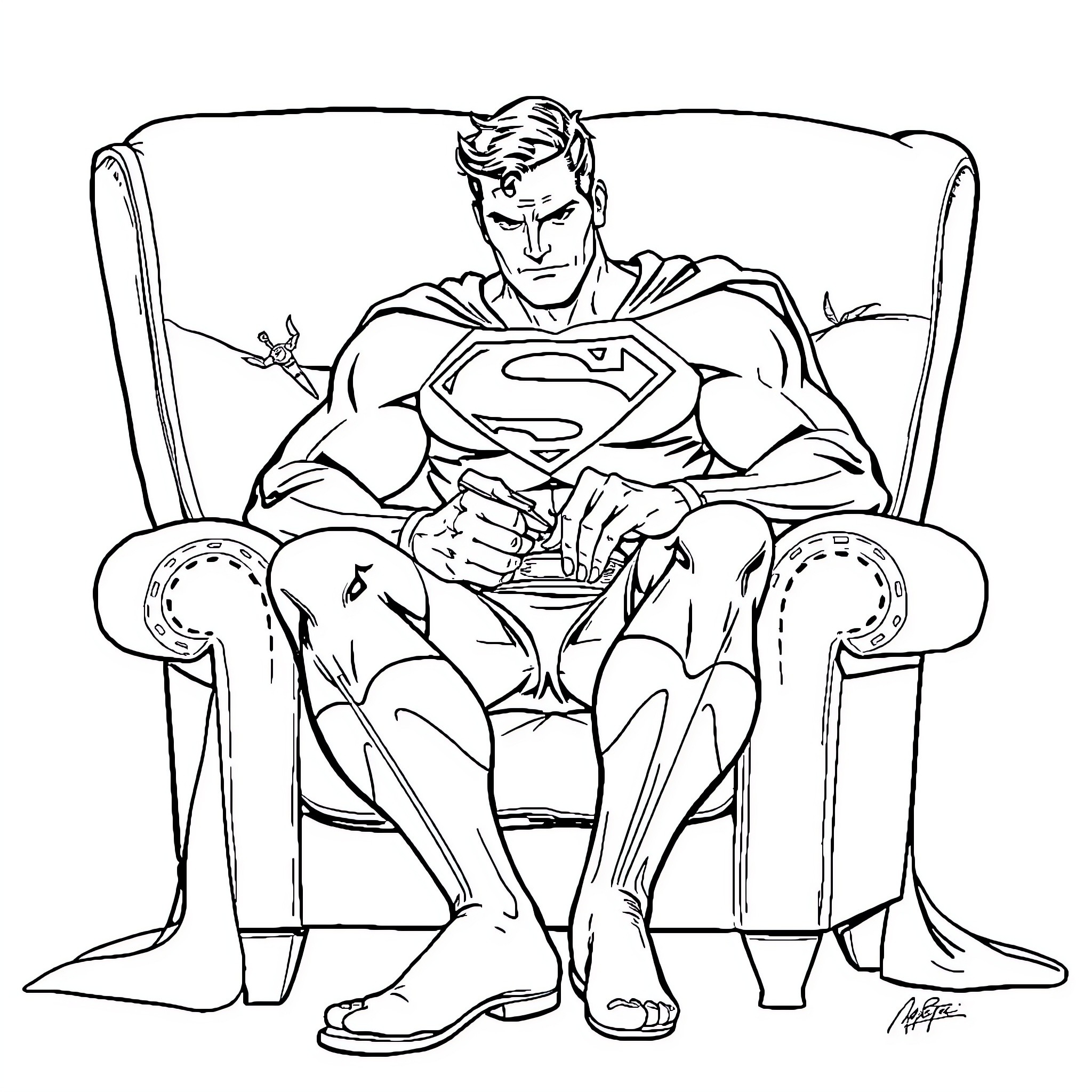 Superman sitting in a chair, contemplative Coloring Page (free black-and-white line drawing printable PDF for all, from beginners to advanced learners, including children, teens, adults, and seniors)