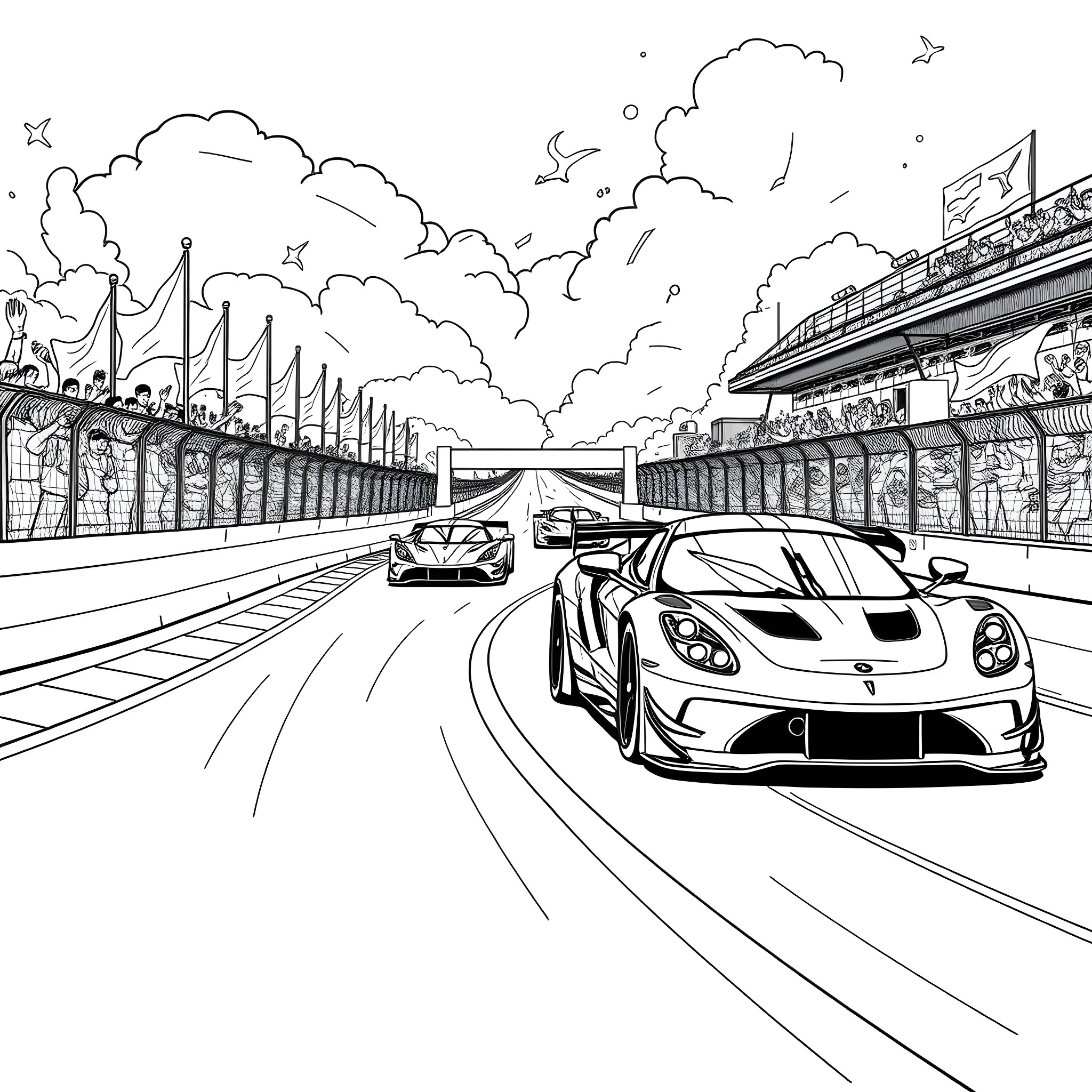 Car race on the track with spectators Coloring Page (free black-and-white line drawing printable PDF for all, from beginners to advanced learners, including children, teens, adults, and seniors)