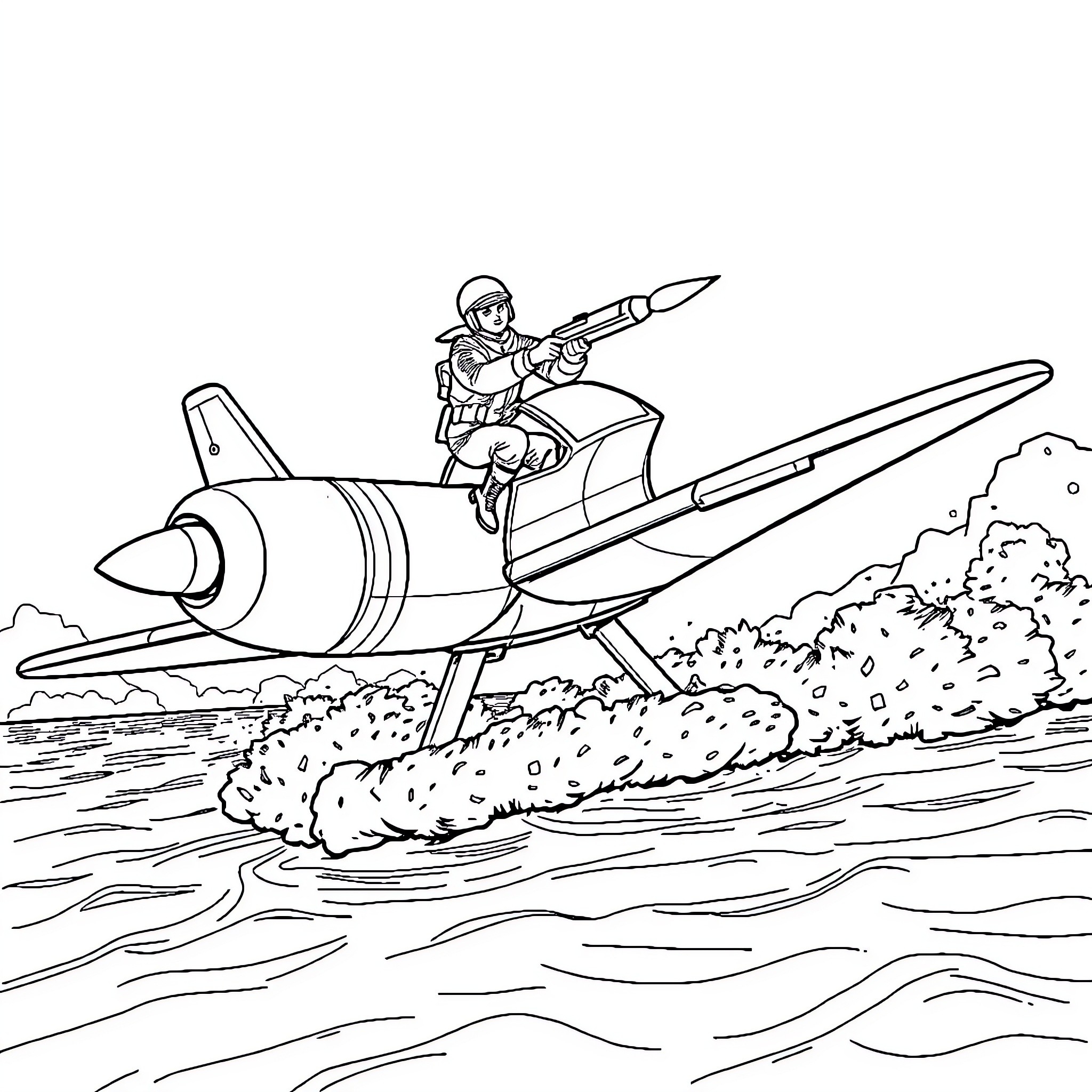 Avión pilotado por una mujer sobre el océano Coloring Page (free black-and-white line drawing printable PDF for all, from beginners to advanced learners, including children, teens, adults, and seniors)