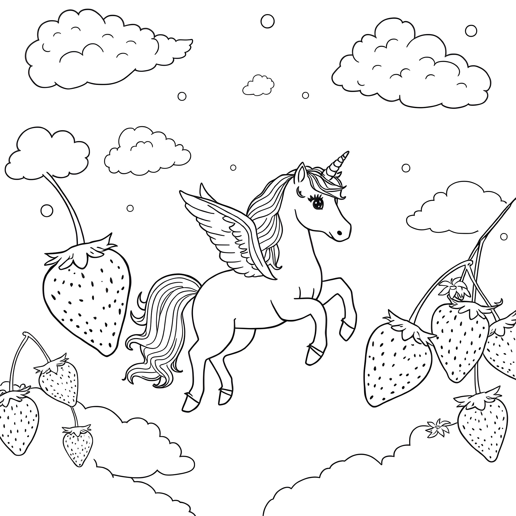 Unicorn soaring through the clouds with strawberries Coloring Page (free black-and-white line drawing printable PDF for all, from beginners to advanced learners, including children, teens, adults, and seniors)