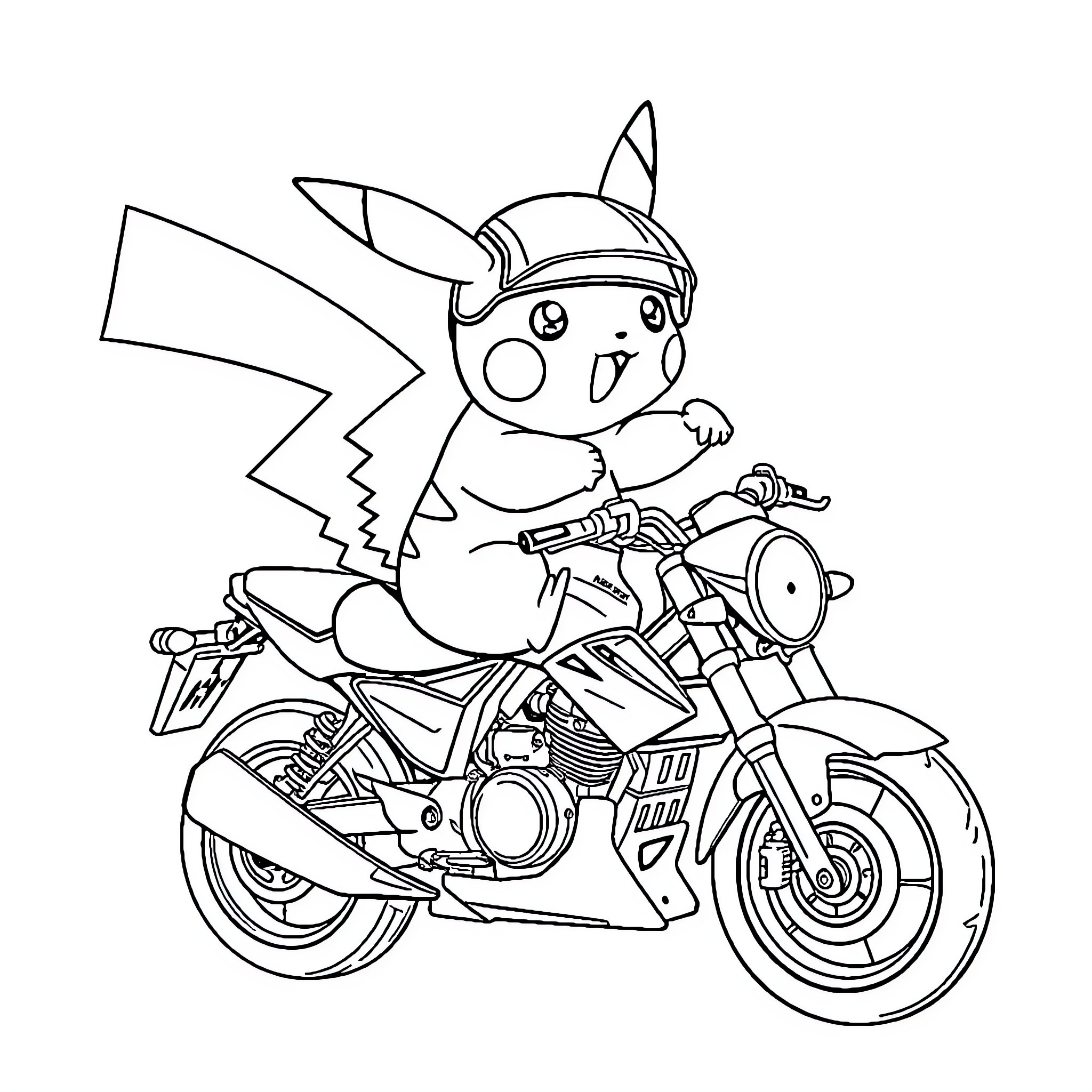 Pikachu riding a motorcycle with excitement Coloring Page (free black-and-white line drawing printable PDF for all, from beginners to advanced learners, including children, teens, adults, and seniors)