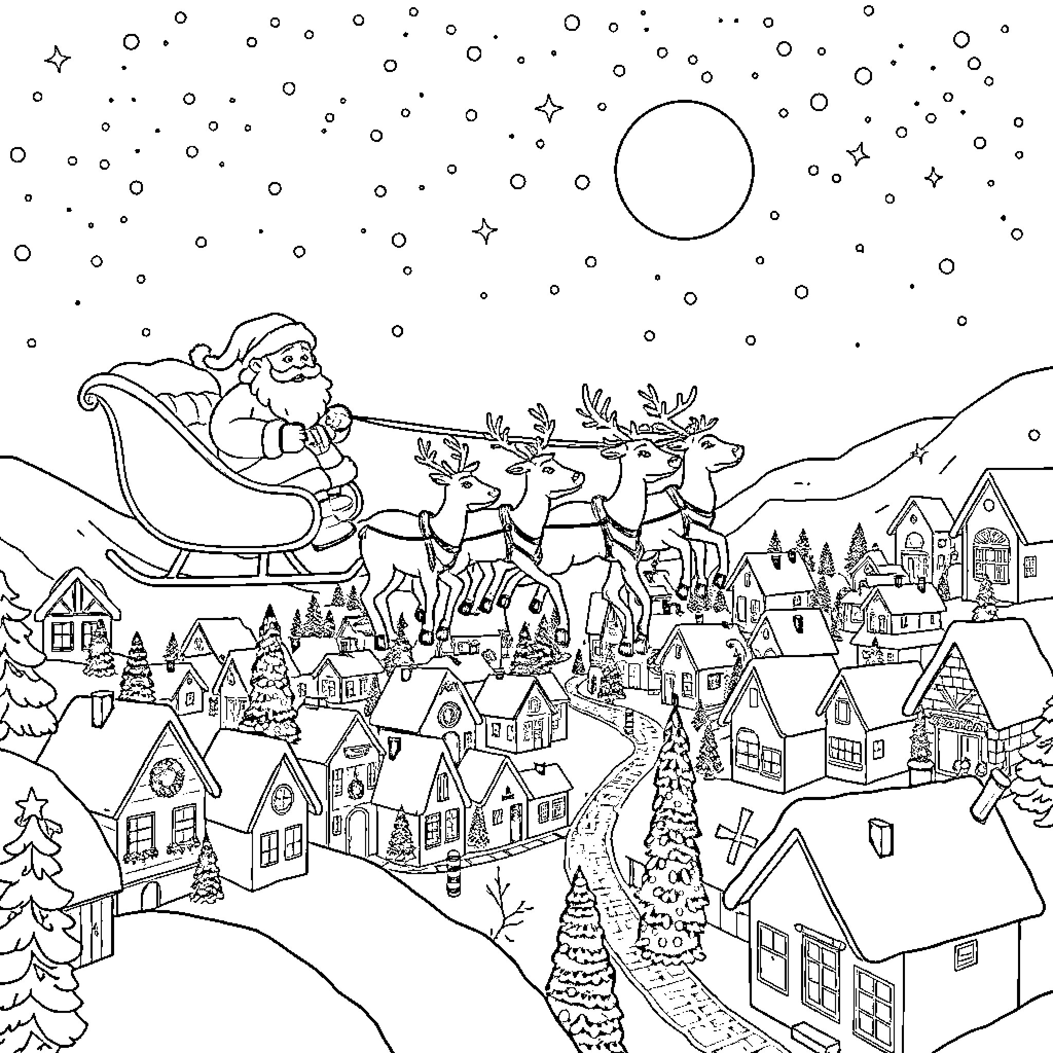 Santa's Sleigh Soaring Over a Snowy Winter Village Coloring Page (free black-and-white line drawing printable PDF for all, from beginners to advanced learners, including children, teens, adults, and seniors)
