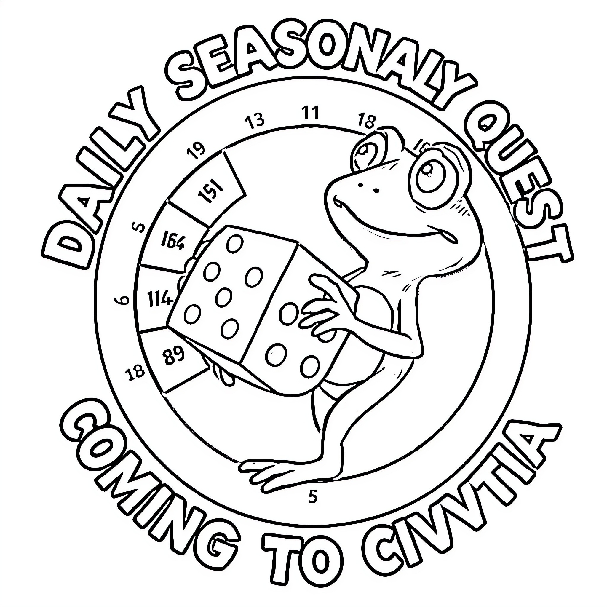 Pepe the Frog's Daily Seasonal Quest Going to CNVTS Coloring Page (free black-and-white line drawing printable PDF for all, from beginners to advanced learners, including children, teens, adults, and seniors)