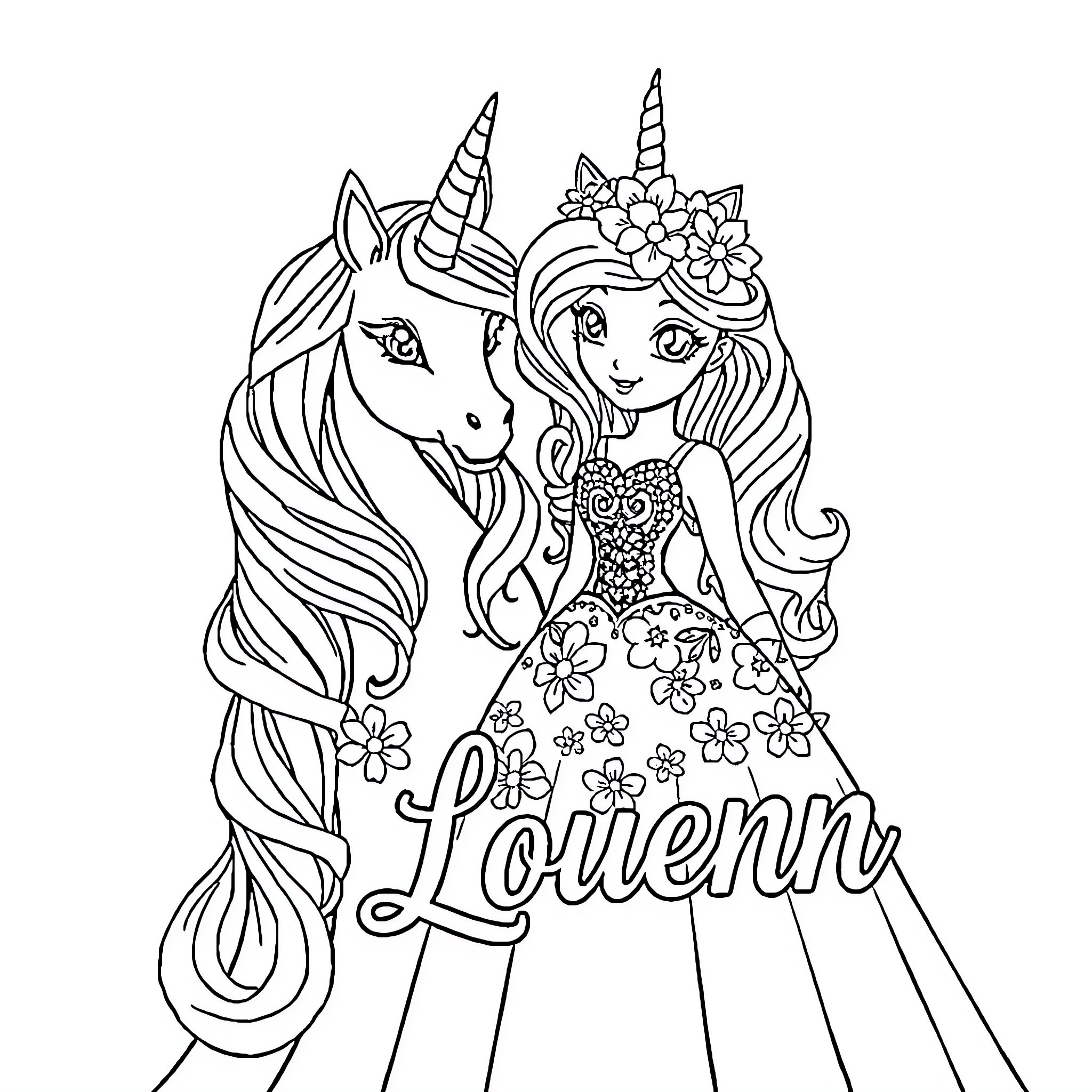 Licorne - Unicorn and girl in floral dress Coloring Page (free black-and-white line drawing printable PDF for all, from beginners to advanced learners, including children, teens, adults, and seniors)