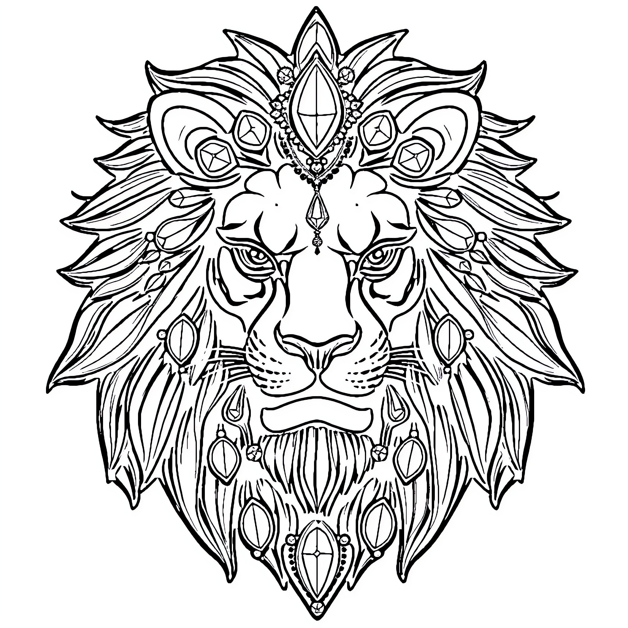 Lion with Intricate Tribal Patterns Coloring Page (free black-and-white line drawing printable PDF for all, from beginners to advanced learners, including children, teens, adults, and seniors)