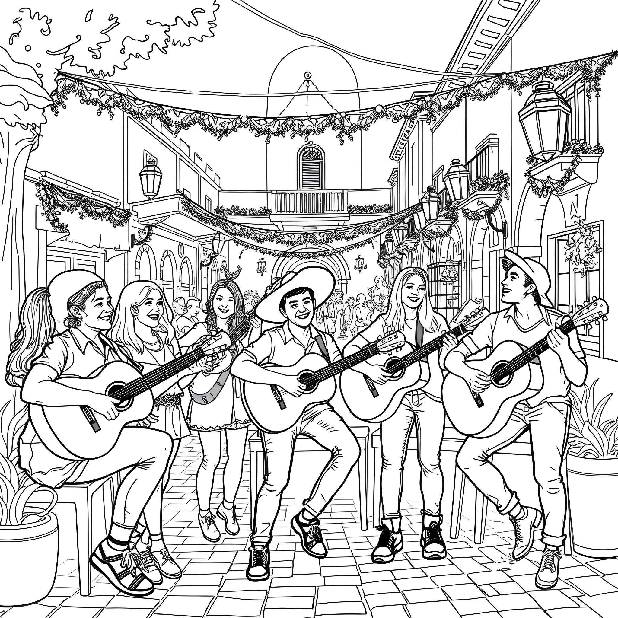 Teen musicians performing in festive street scene Coloring Page (free black-and-white line drawing printable PDF for all, from beginners to advanced learners, including children, teens, adults, and seniors)