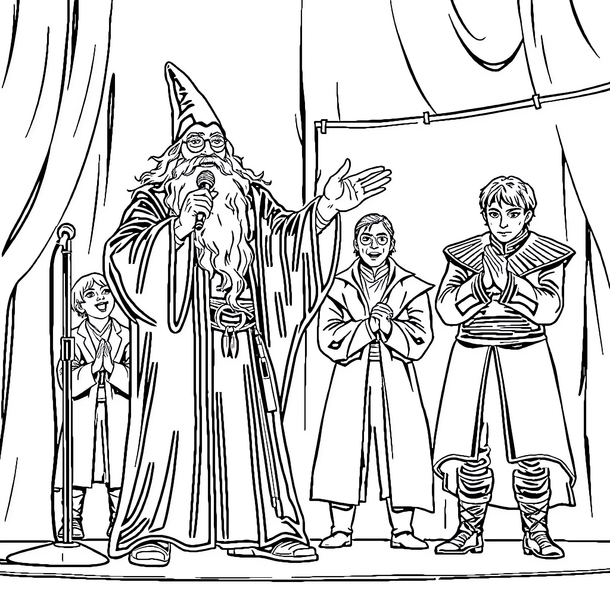 Gandalf Addressing a Group of Adventurers Coloring Page (free black-and-white line drawing printable PDF for all, from beginners to advanced learners, including children, teens, adults, and seniors)