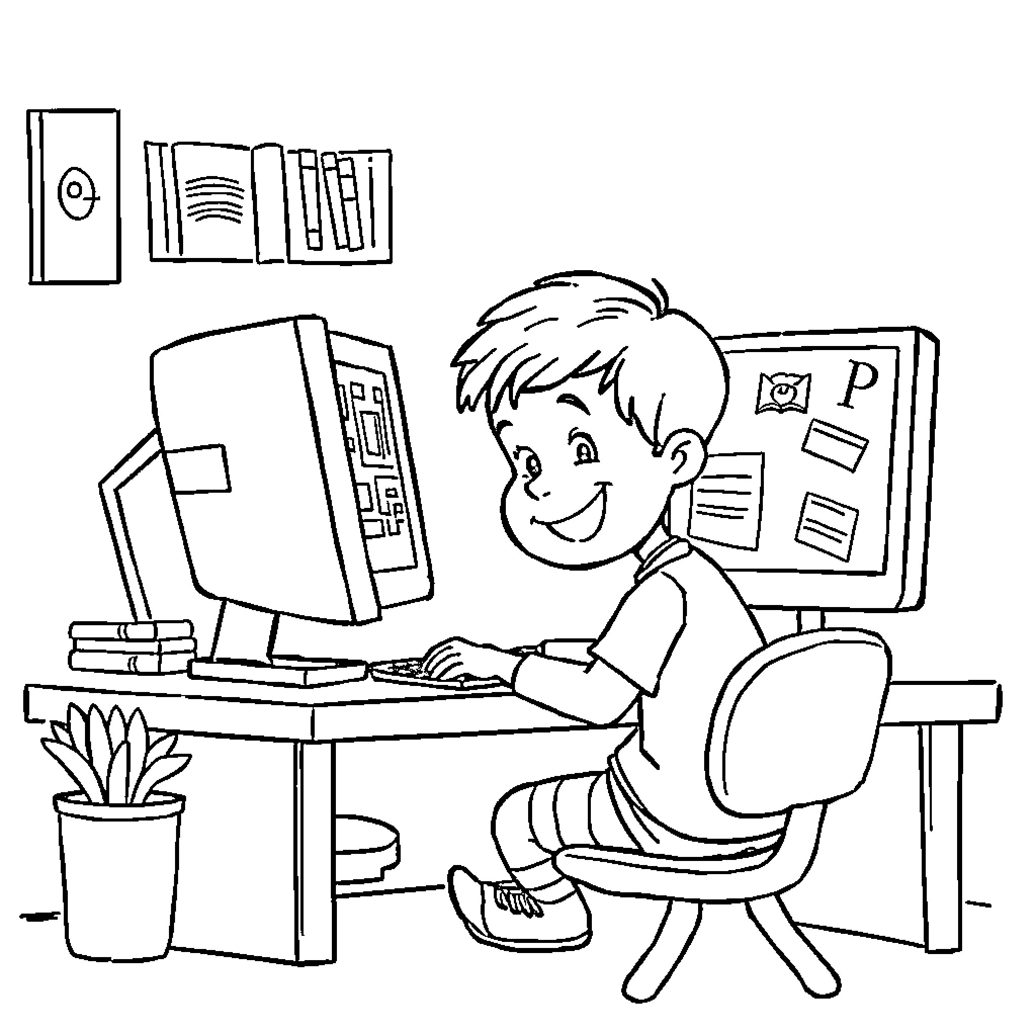 Kid Enjoying Learning on Computer Coloring Page (free black-and-white line drawing printable PDF for all, from beginners to advanced learners, including children, teens, adults, and seniors)