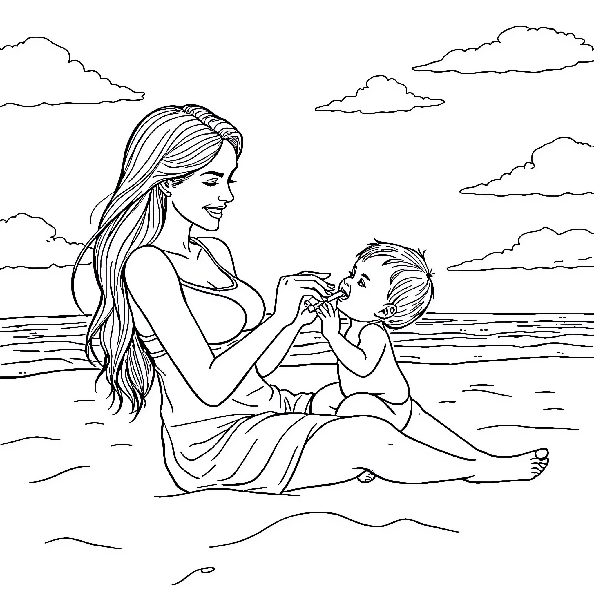 Mom enjoying a peaceful day with her child by the sea Coloring Page (free black-and-white line drawing printable PDF for all, from beginners to advanced learners, including children, teens, adults, and seniors)