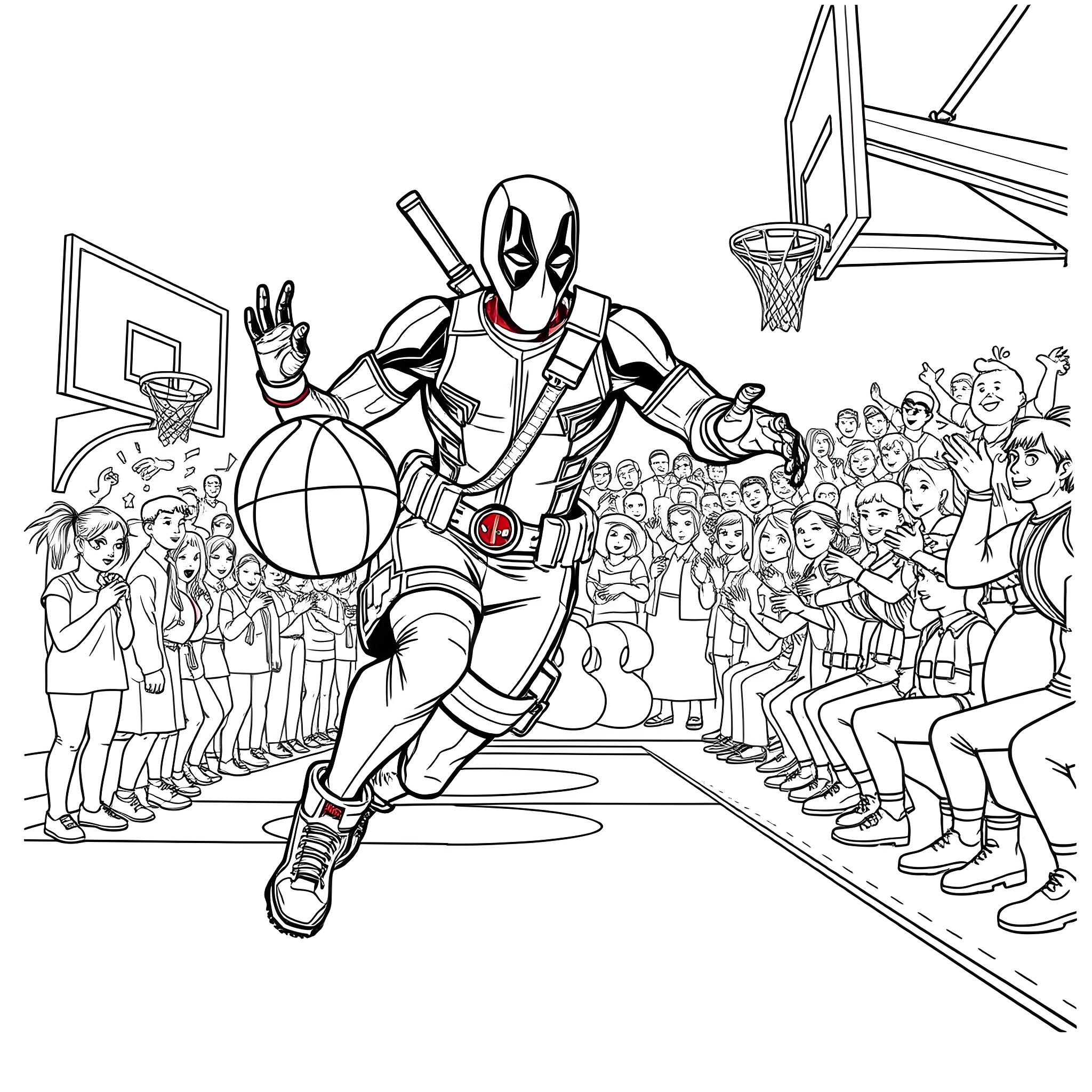 Deadpool's Energetic Basketball Showdown Coloring Page (free black-and-white line drawing printable PDF for all, from beginners to advanced learners, including children, teens, adults, and seniors)