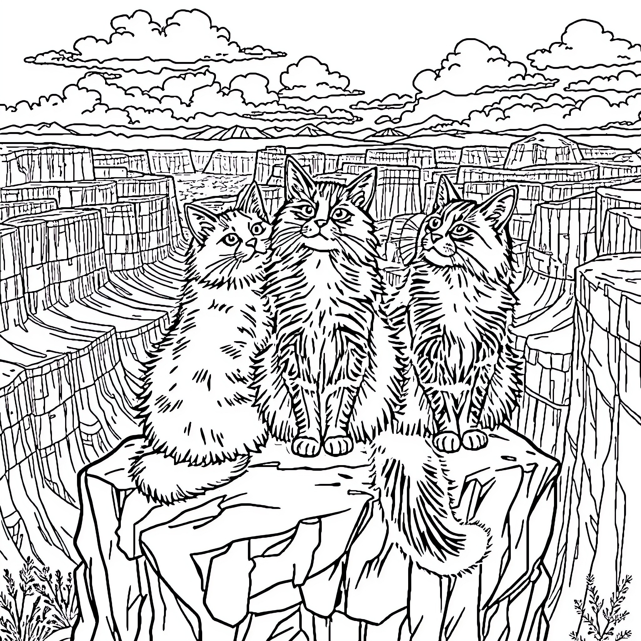 Cat Trio Sitting Atop Cliff in Scenic Landscape Coloring Page (free black-and-white line drawing printable PDF for all, from beginners to advanced learners, including children, teens, adults, and seniors)