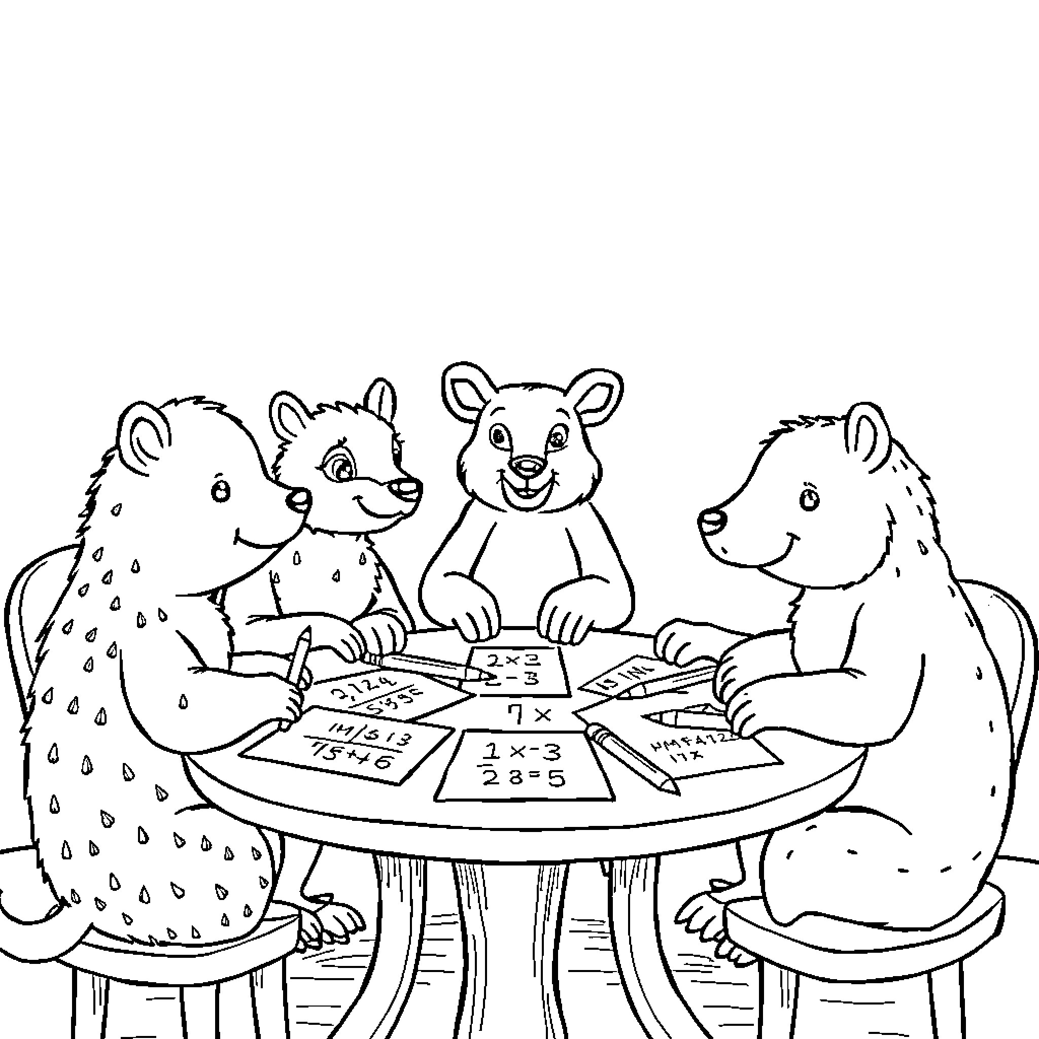 Animal friends learning math together Coloring Page (free black-and-white line drawing printable PDF for all, from beginners to advanced learners, including children, teens, adults, and seniors)