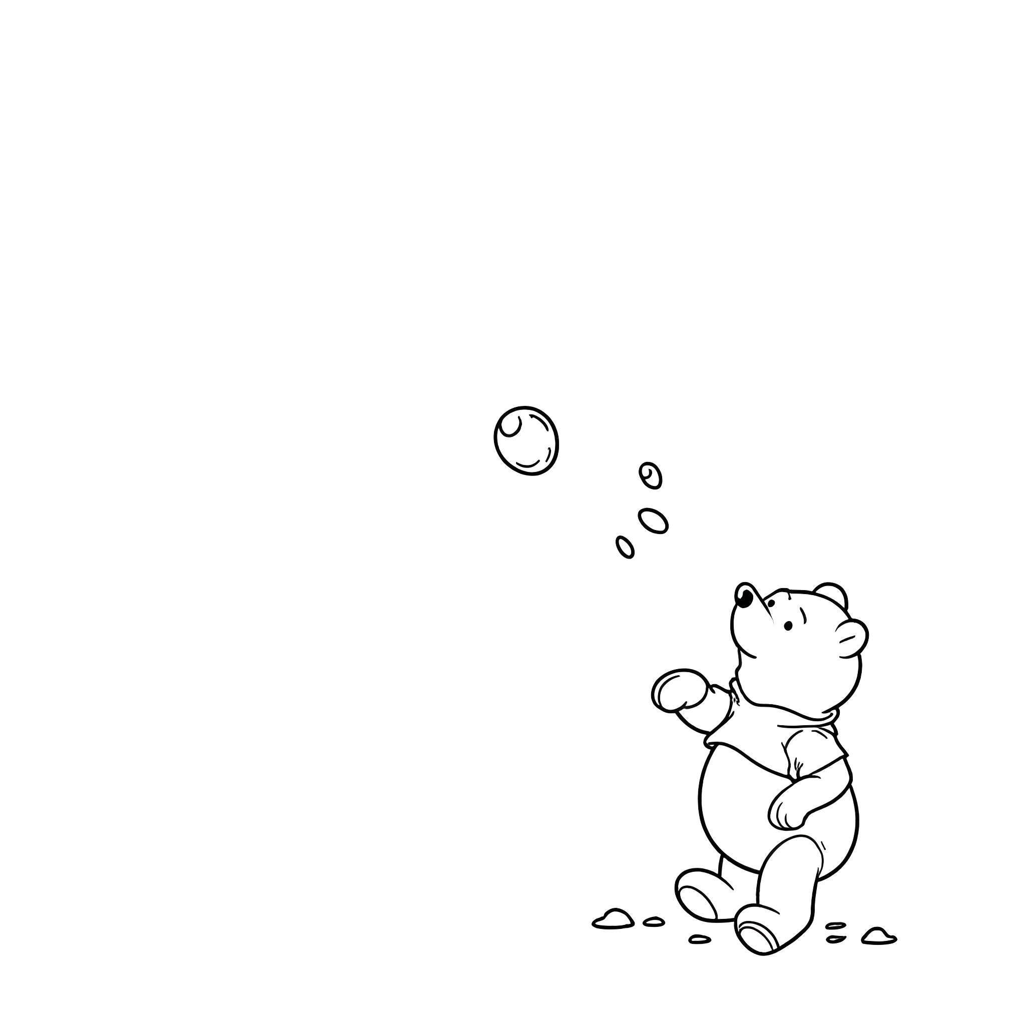 Winnie The Pooh playing with bubbles Coloring Page (free black-and-white line drawing printable PDF for all, from beginners to advanced learners, including children, teens, adults, and seniors)