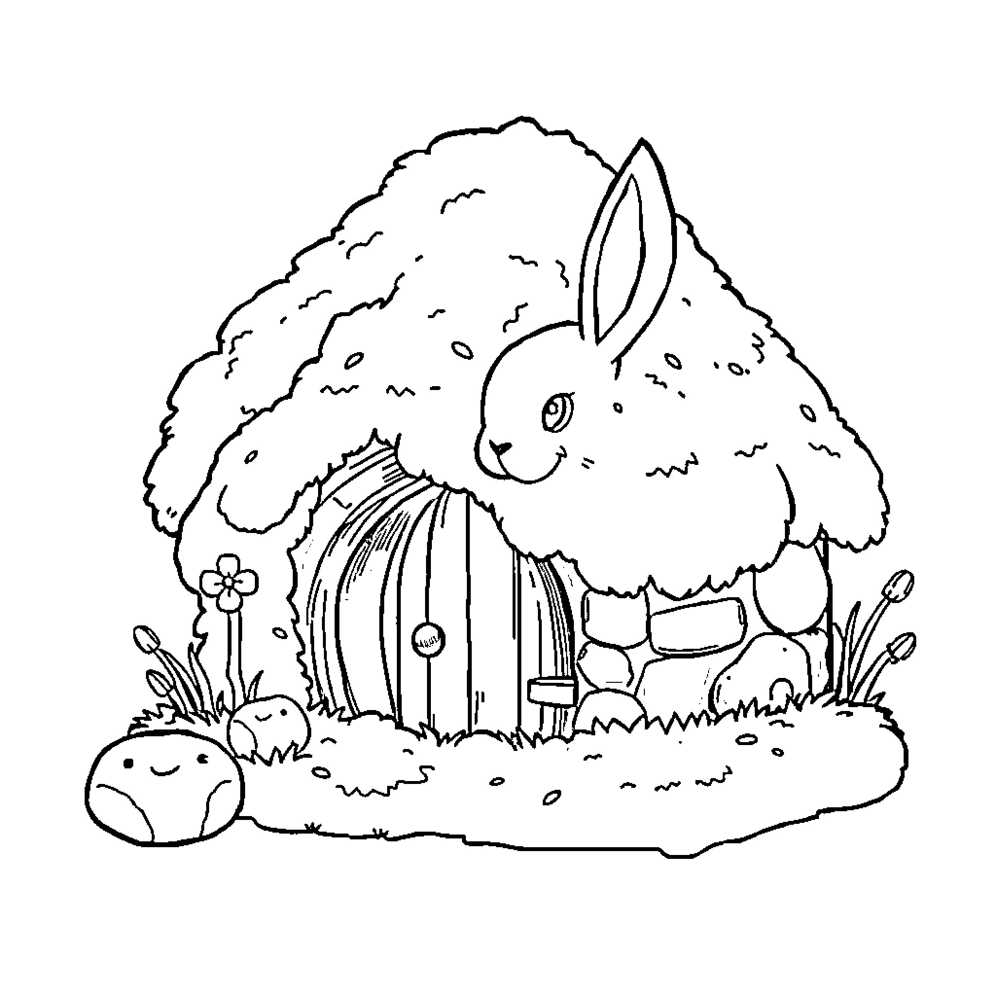 Bunny in a whimsical outdoor scene Coloring Page (free black-and-white line drawing printable PDF for all, from beginners to advanced learners, including children, teens, adults, and seniors)
