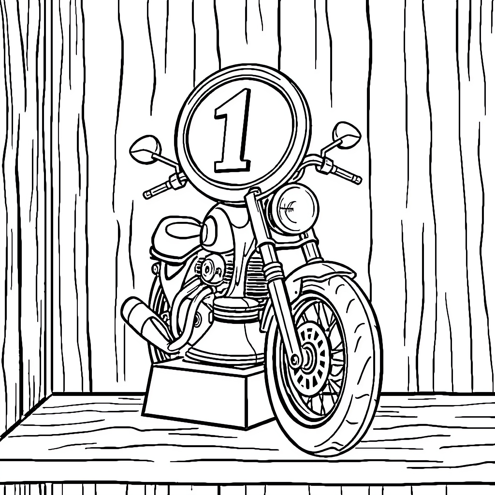 Motorcycle on the Wooden Backdrop Coloring Page (free black-and-white line drawing printable PDF for all, from beginners to advanced learners, including children, teens, adults, and seniors)