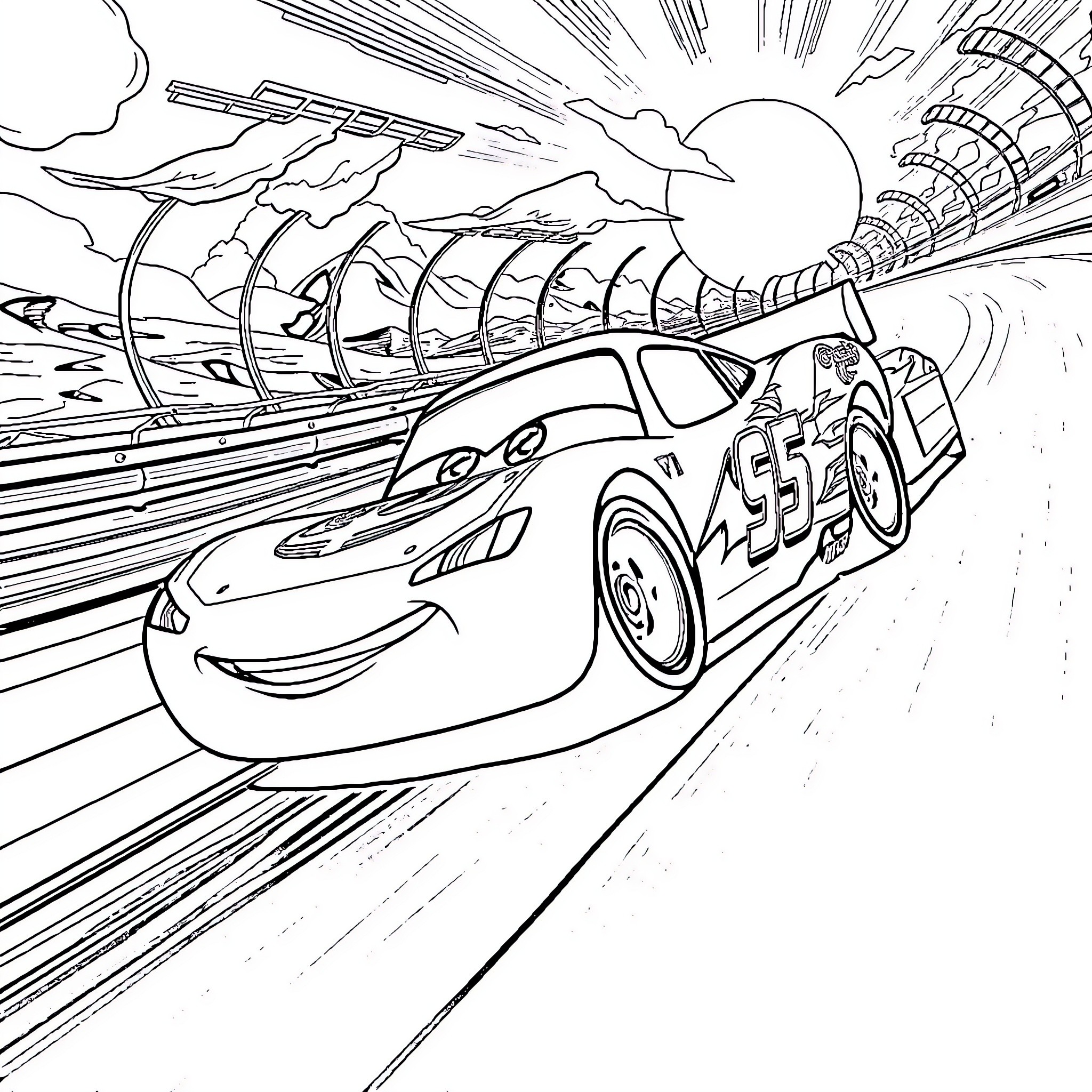 Lightning McQueen speeding through a race track Coloring Page (free black-and-white line drawing printable PDF for all, from beginners to advanced learners, including children, teens, adults, and seniors)