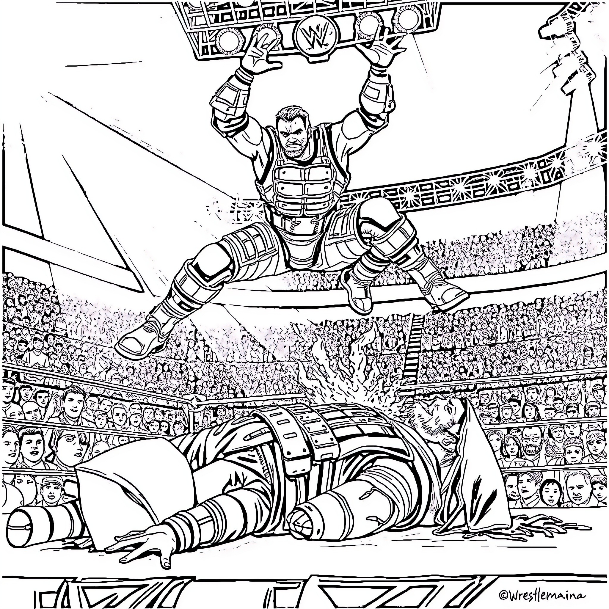 Marcus Fenix Triumphant in Gears of War Battle Coloring Page (free black-and-white line drawing printable PDF for all, from beginners to advanced learners, including children, teens, adults, and seniors)