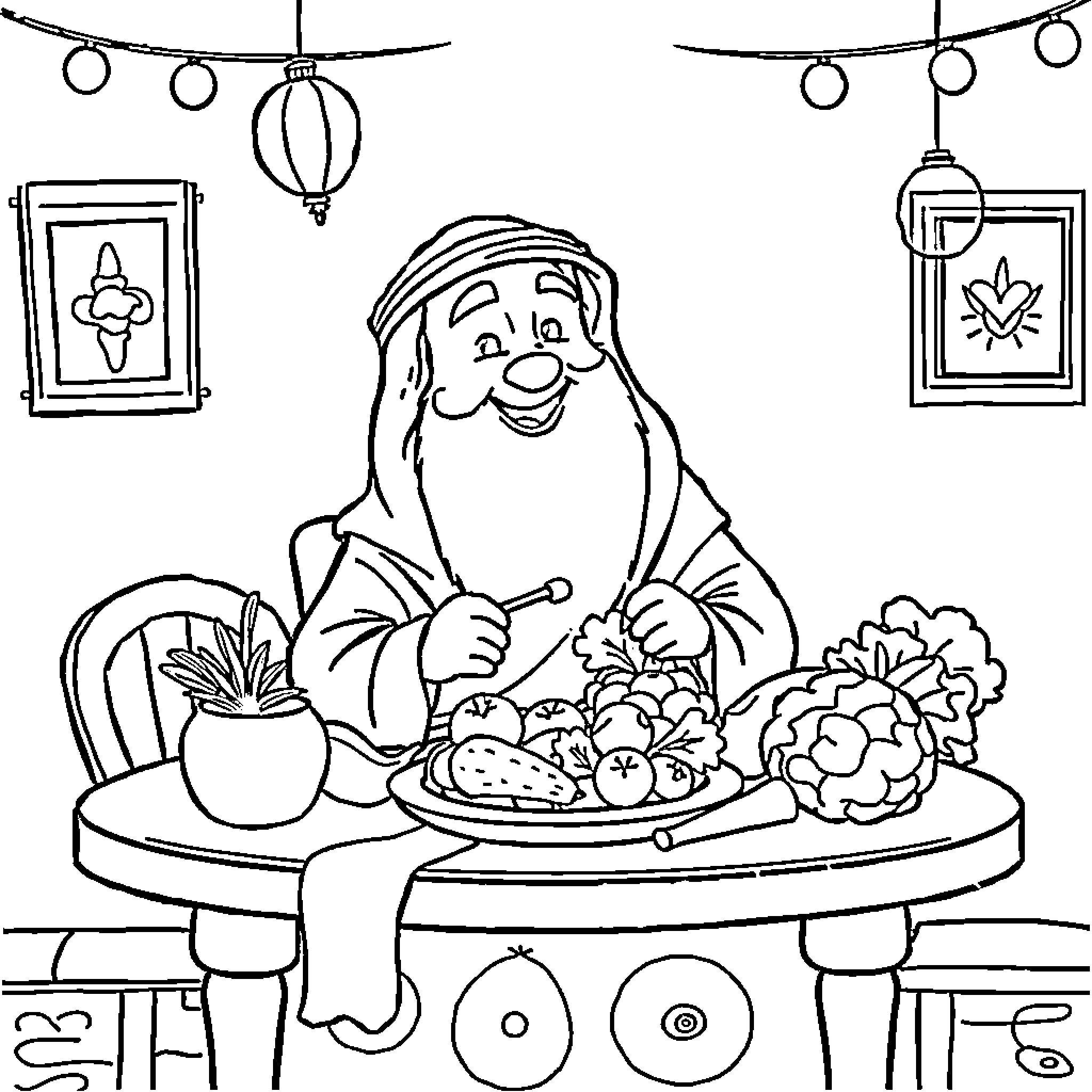 Rumi Enjoying a Festive Meal with Decor Coloring Page (free black-and-white line drawing printable PDF for all, from beginners to advanced learners, including children, teens, adults, and seniors)
