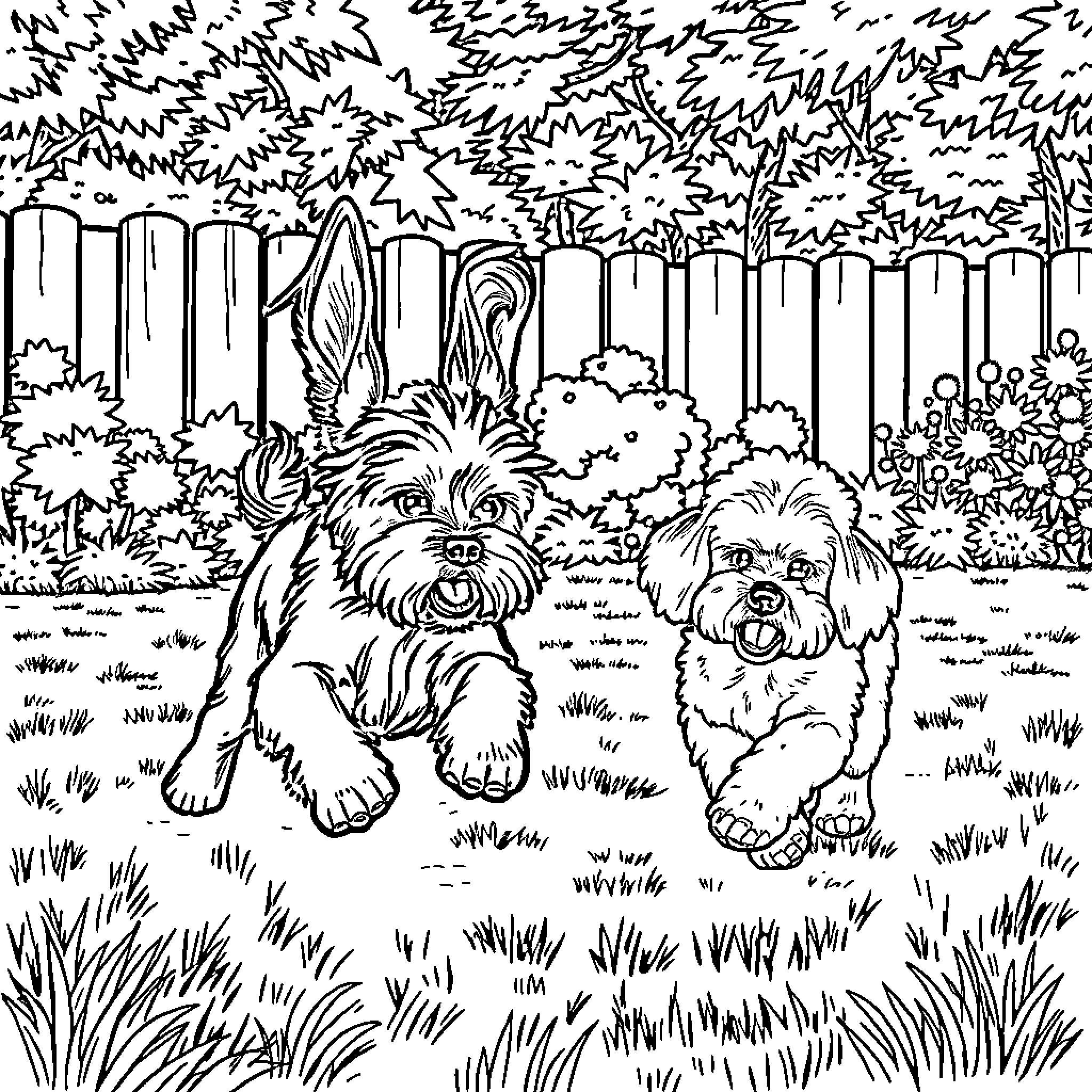 Dog companions playing joyfully in the backyard Coloring Page (free black-and-white line drawing printable PDF for all, from beginners to advanced learners, including children, teens, adults, and seniors)