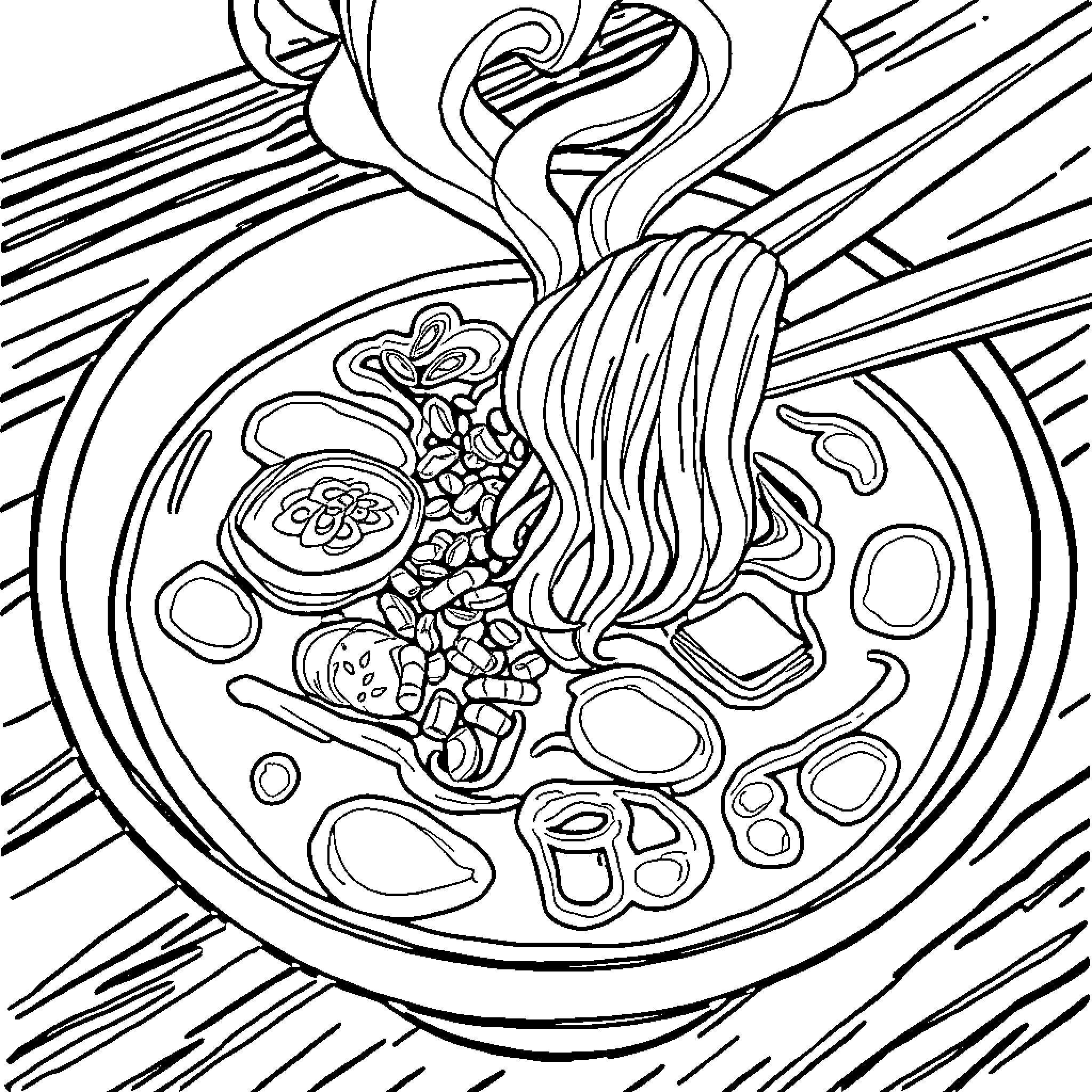 Dashi - Savory Noodle Soup Delight Coloring Page (free black-and-white line drawing printable PDF for all, from beginners to advanced learners, including children, teens, adults, and seniors)
