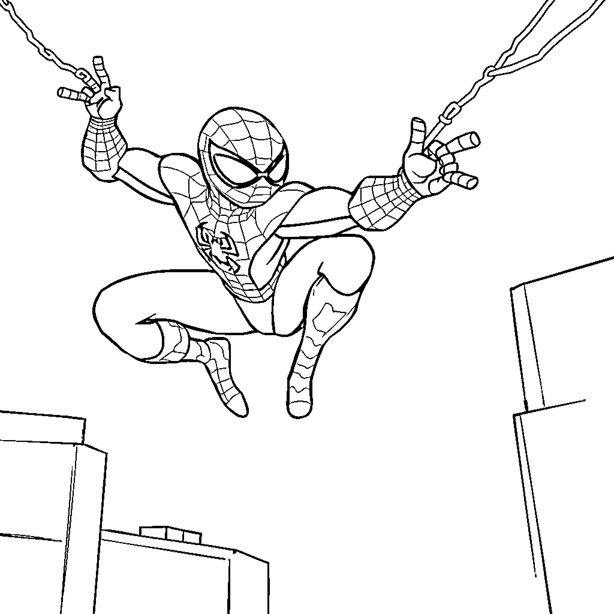 Spiderman swinging heroically through the city Coloring Page (free black-and-white line drawing printable PDF for all, from beginners to advanced learners, including children, teens, adults, and seniors)