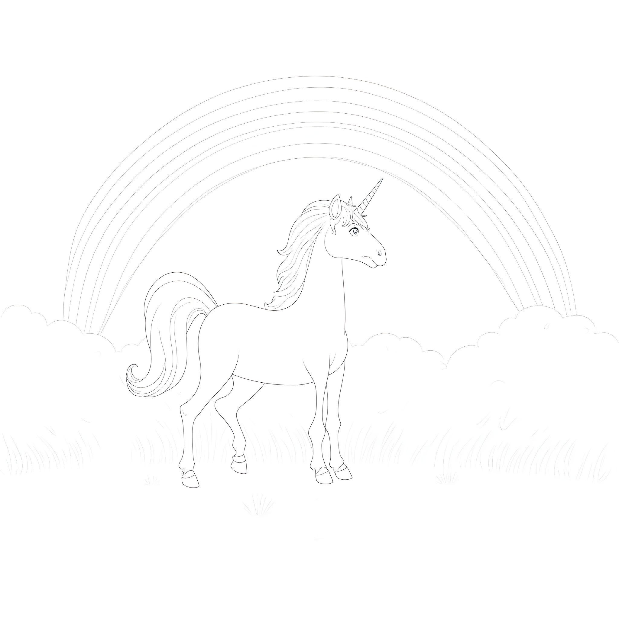 Unicorn gazing at rainbow in the sky Coloring Page (free black-and-white line drawing printable PDF for all, from beginners to advanced learners, including children, teens, adults, and seniors)