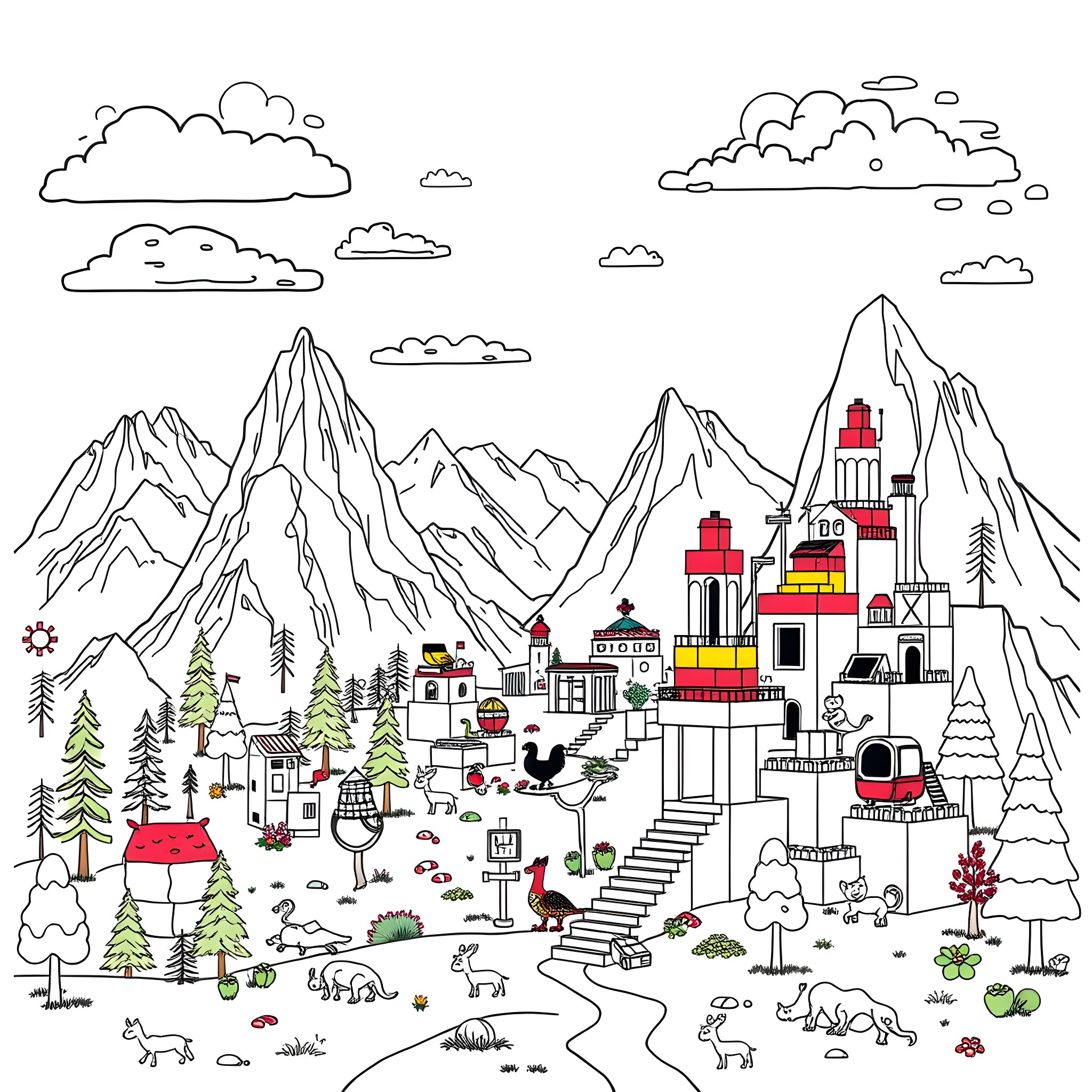 Child's colorful fantasy village in the mountains Coloring Page (free black-and-white line drawing printable PDF for all, from beginners to advanced learners, including children, teens, adults, and seniors)