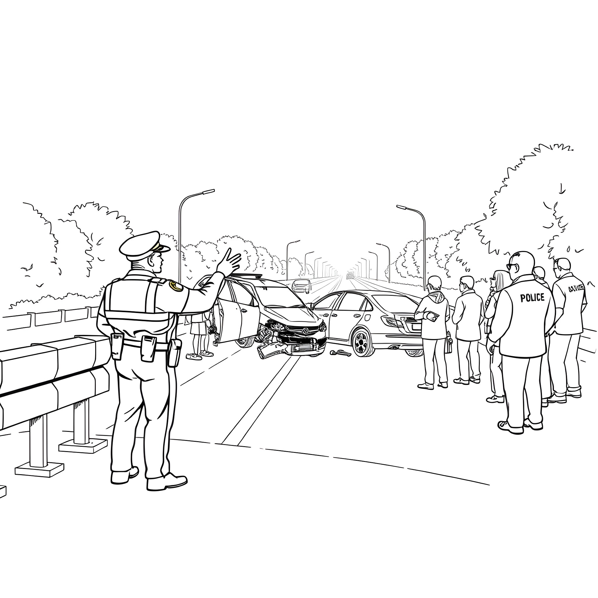 Police officers responding to incident on the road Coloring Page (free black-and-white line drawing printable PDF for all, from beginners to advanced learners, including children, teens, adults, and seniors)