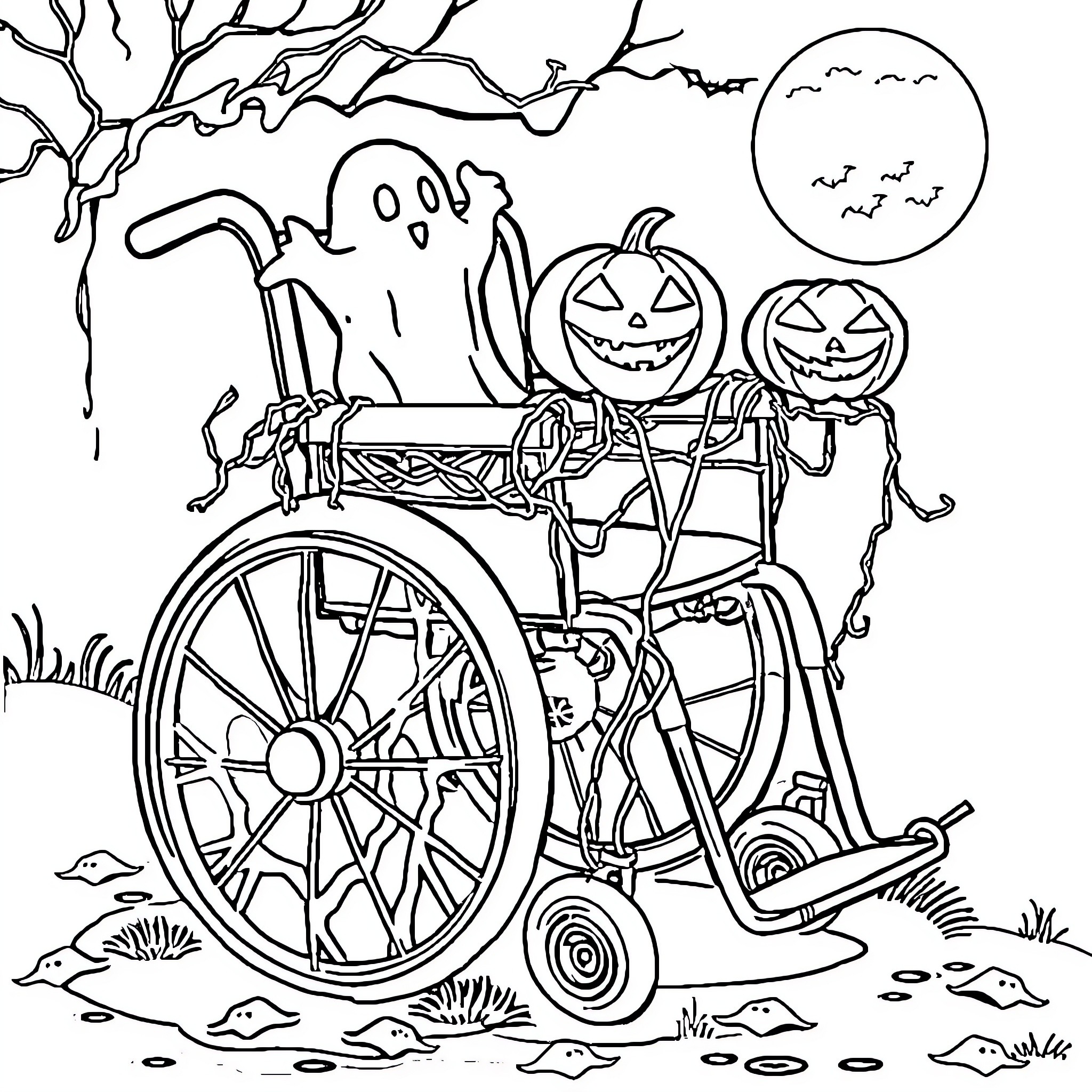 Wheelchair with Halloween decor in spooky scene Coloring Page (free black-and-white line drawing printable PDF for all, from beginners to advanced learners, including children, teens, adults, and seniors)