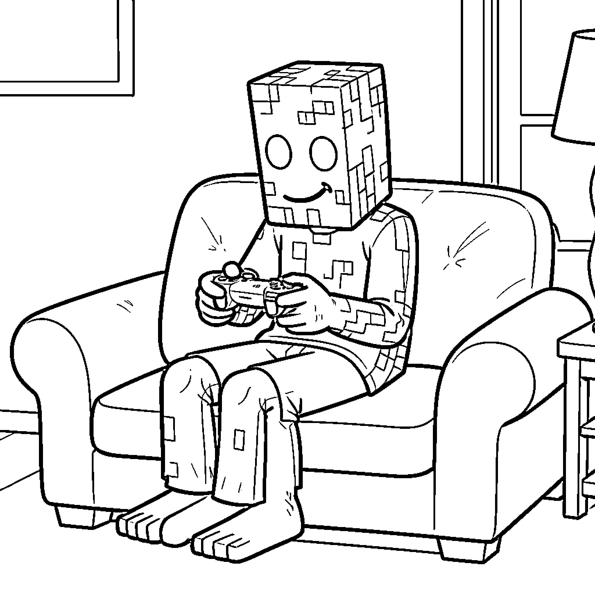 Creeper relaxing on the couch and playing video games Coloring Page (free black-and-white line drawing printable PDF for all, from beginners to advanced learners, including children, teens, adults, and seniors)