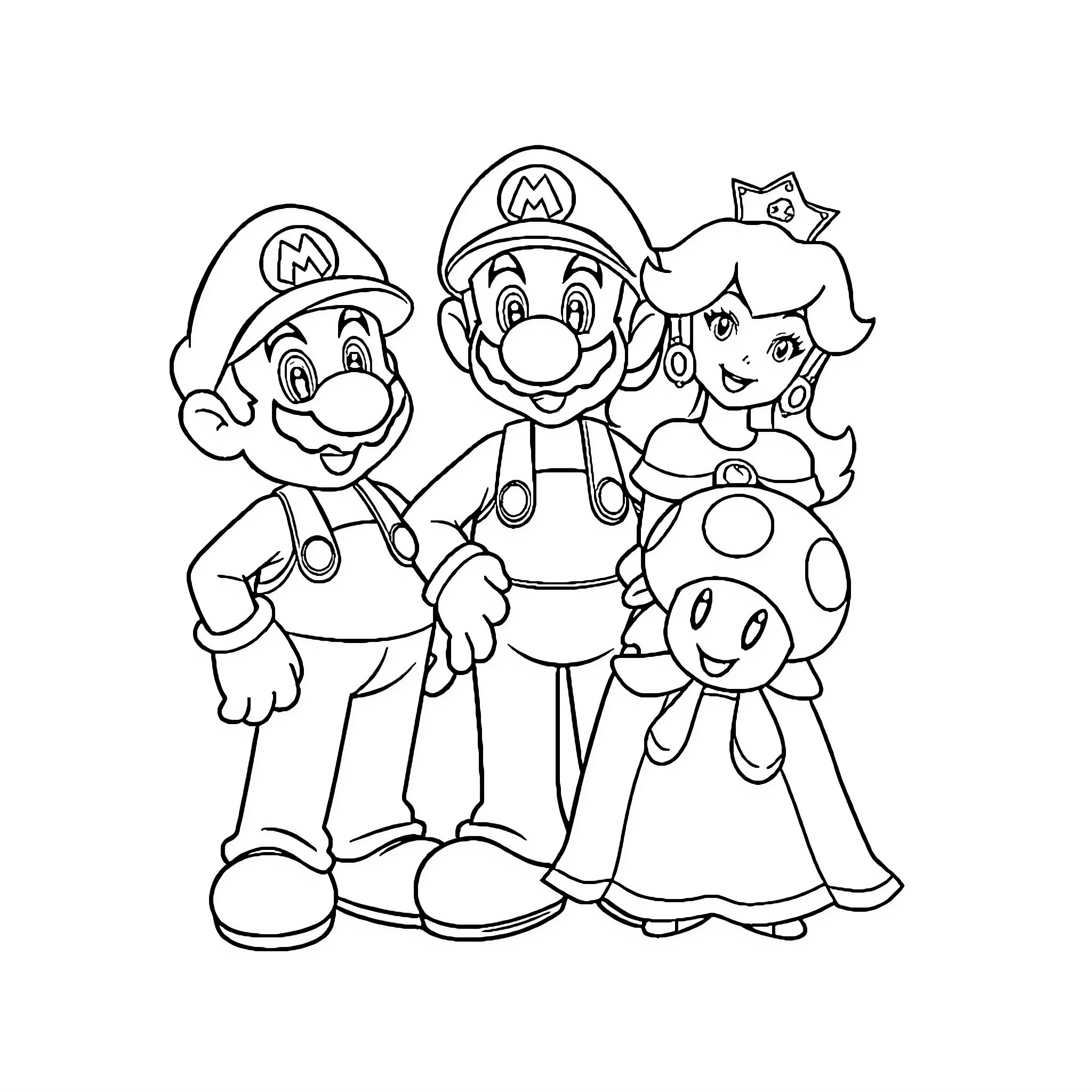 Mario and Friends in Cartoon Adventure Coloring Page (free black-and-white line drawing printable PDF for all, from beginners to advanced learners, including children, teens, adults, and seniors)