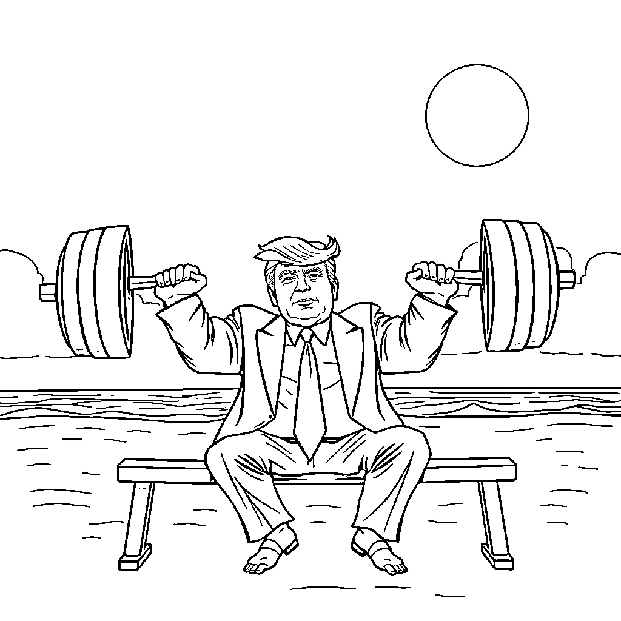 Donald Trump lifting weights in a surreal setting Coloring Page (free black-and-white line drawing printable PDF for all, from beginners to advanced learners, including children, teens, adults, and seniors)