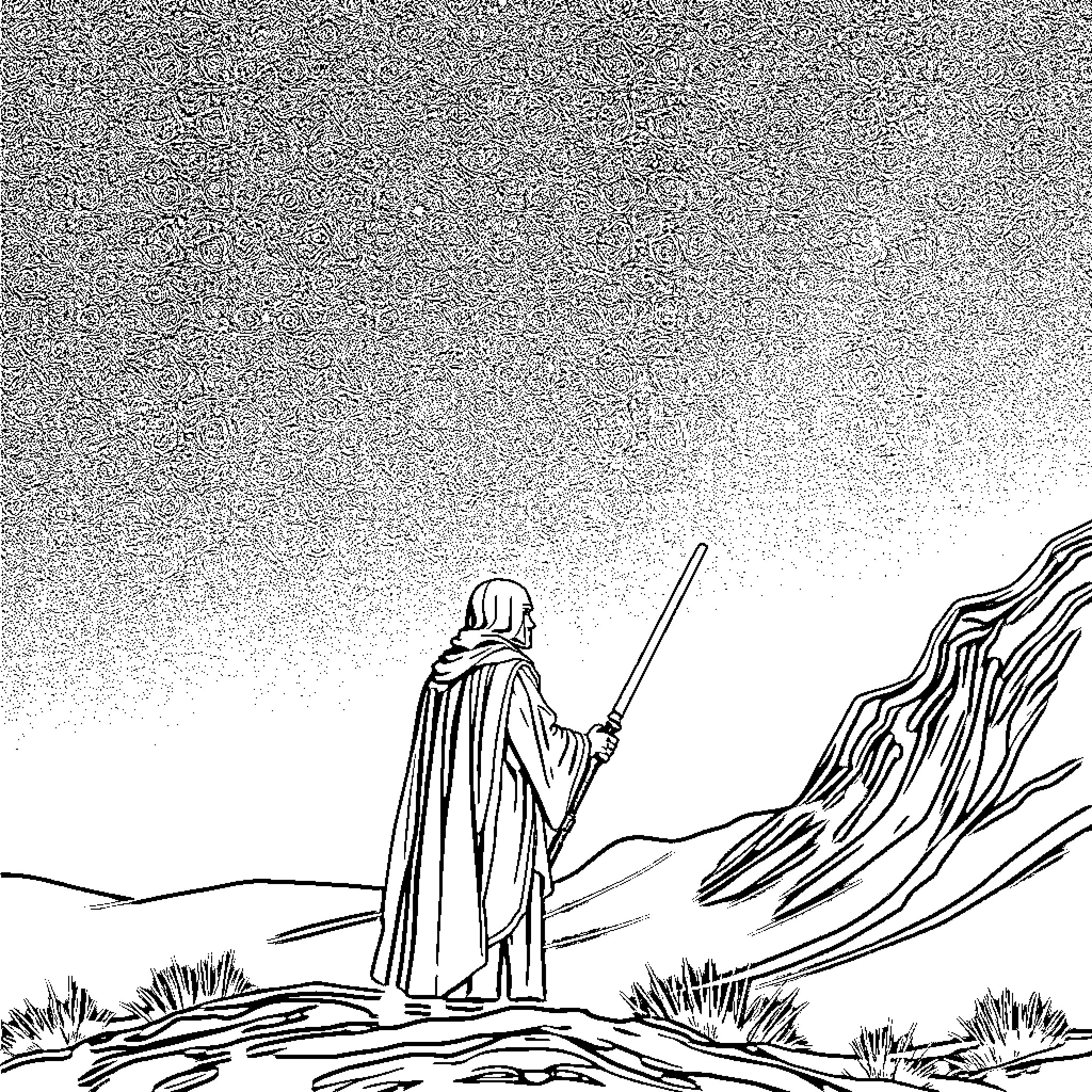 Jedi warrior standing in a rugged landscape Coloring Page (free black-and-white line drawing printable PDF for all, from beginners to advanced learners, including children, teens, adults, and seniors)