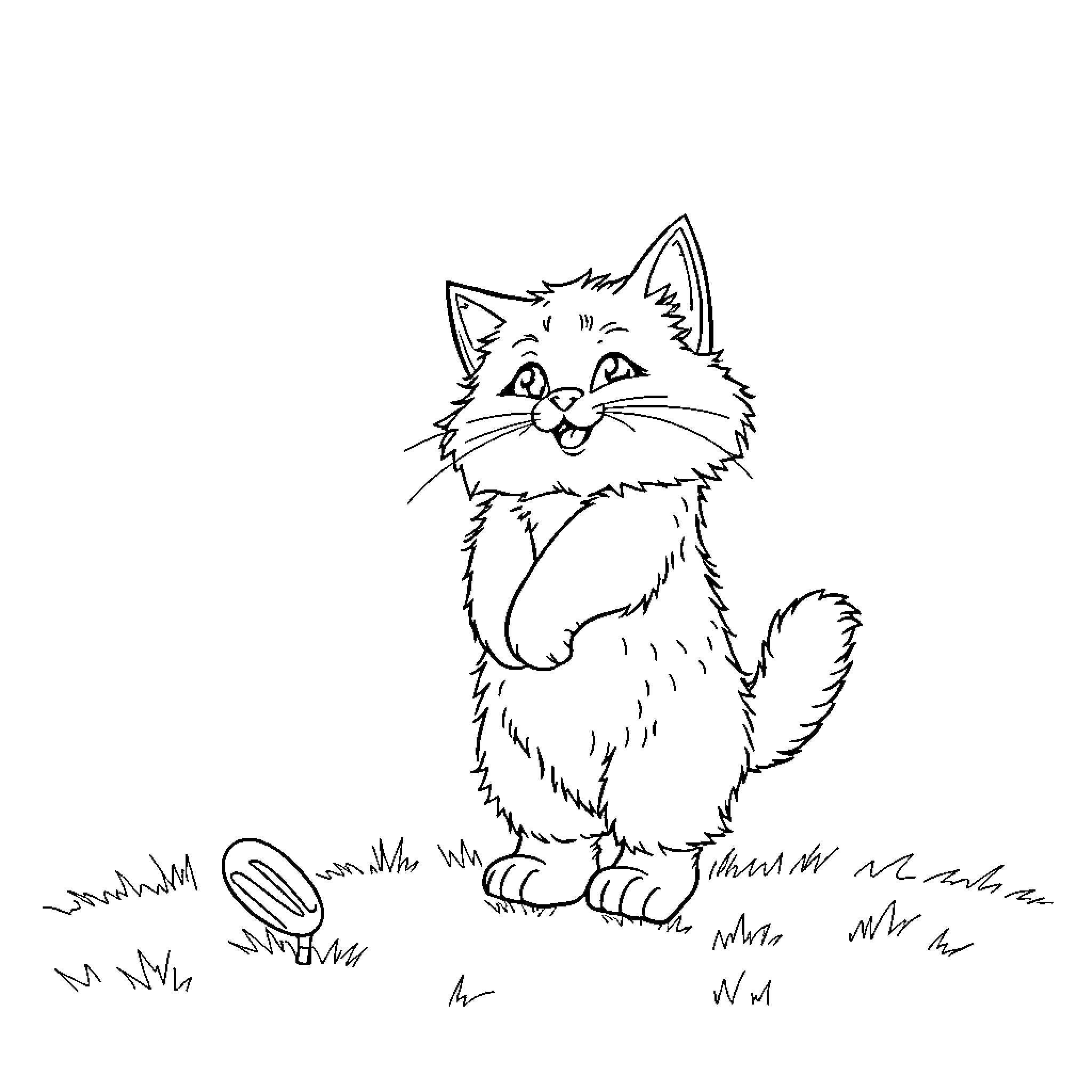 Cat playing with magnifying glass in the garden Coloring Page (free black-and-white line drawing printable PDF for all, from beginners to advanced learners, including children, teens, adults, and seniors)