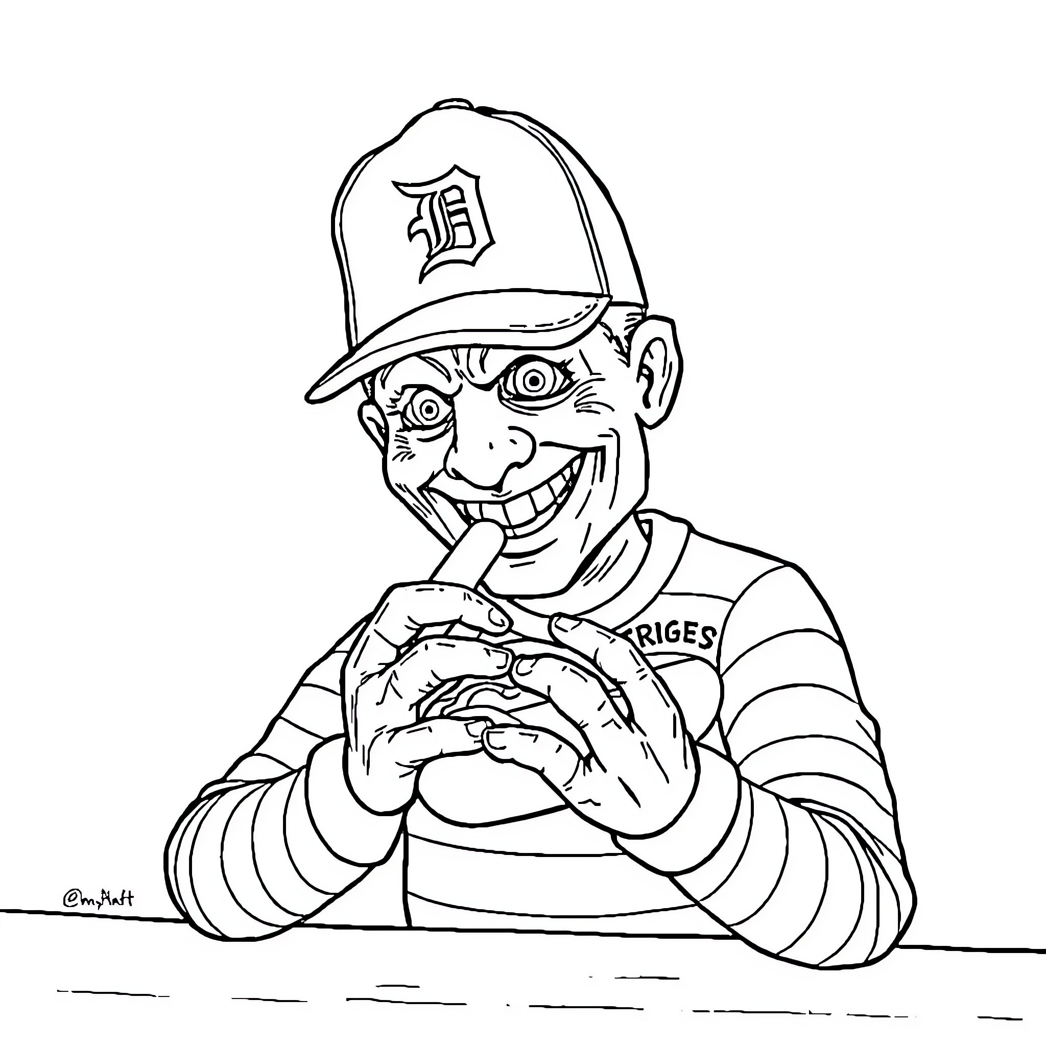 Freddy Krueger's Nightmarish Appearance in Baseball Uniform Coloring Page (free black-and-white line drawing printable PDF for all, from beginners to advanced learners, including children, teens, adults, and seniors)