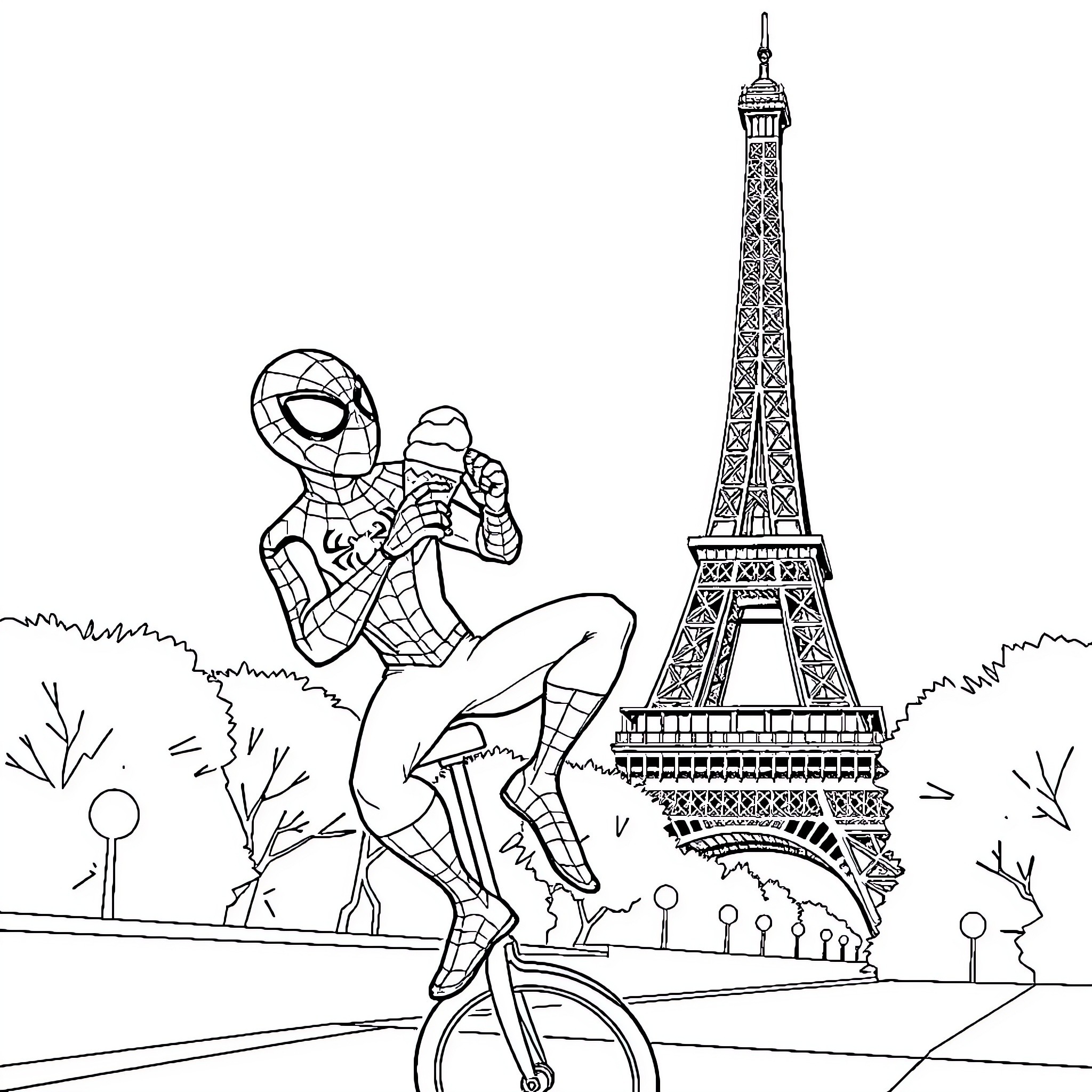 Spider-Man exploring the Eiffel Tower in Paris Coloring Page (free black-and-white line drawing printable PDF for all, from beginners to advanced learners, including children, teens, adults, and seniors)