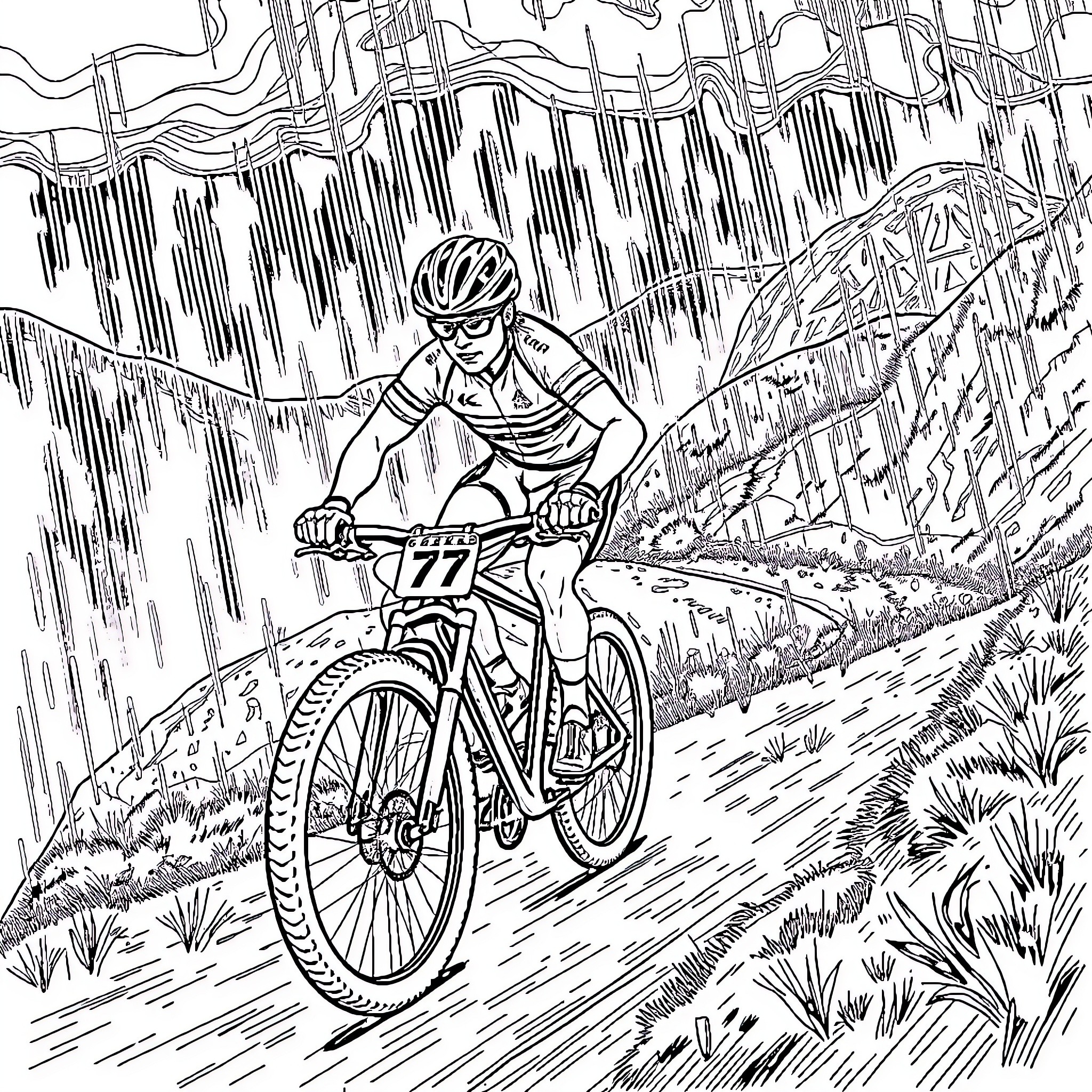 Mtb rider in action on rocky terrain Coloring Page (free black-and-white line drawing printable PDF for all, from beginners to advanced learners, including children, teens, adults, and seniors)