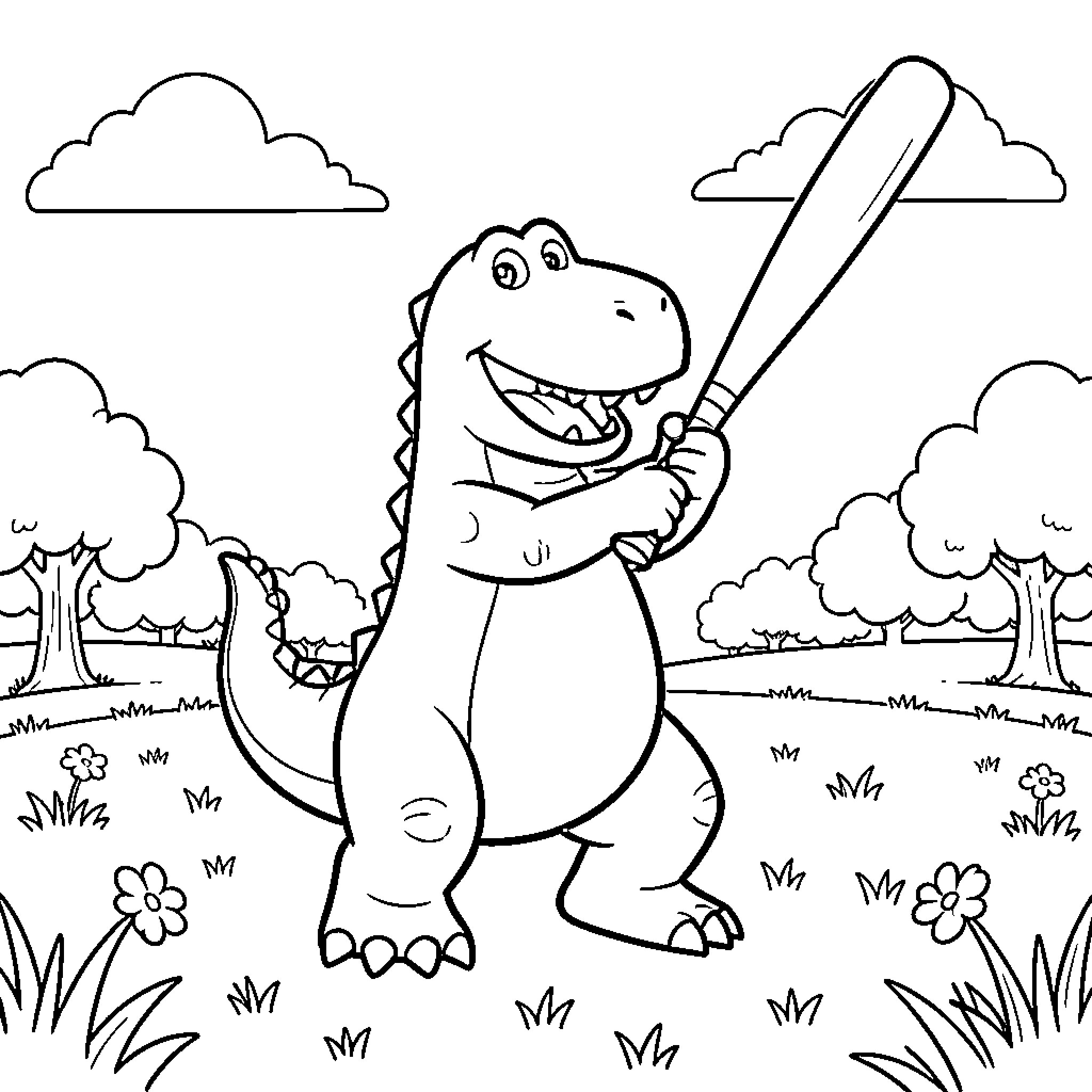 Barney holding a baseball bat in a meadow Coloring Page (free black-and-white line drawing printable PDF for all, from beginners to advanced learners, including children, teens, adults, and seniors)